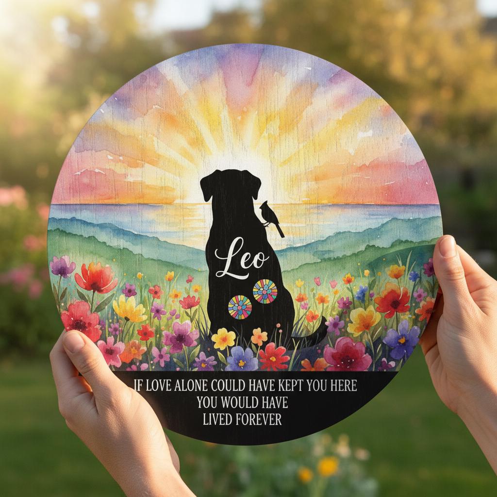 Personalized Dog Memorial Plaque: Watercolor Sunset Wooden Remembrance