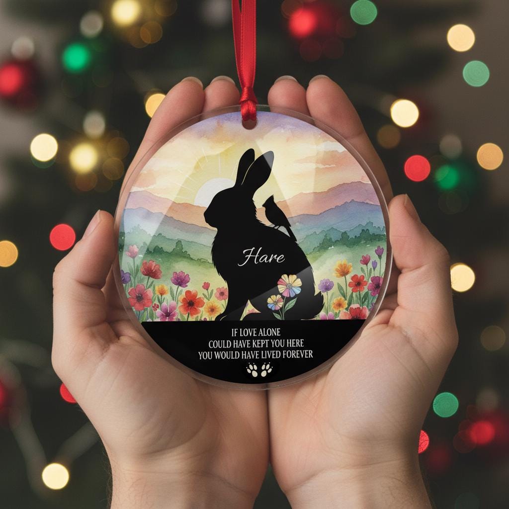Personalized Rabbit Memorial Ornament: Watercolor Wildflower Acrylic Keepsake