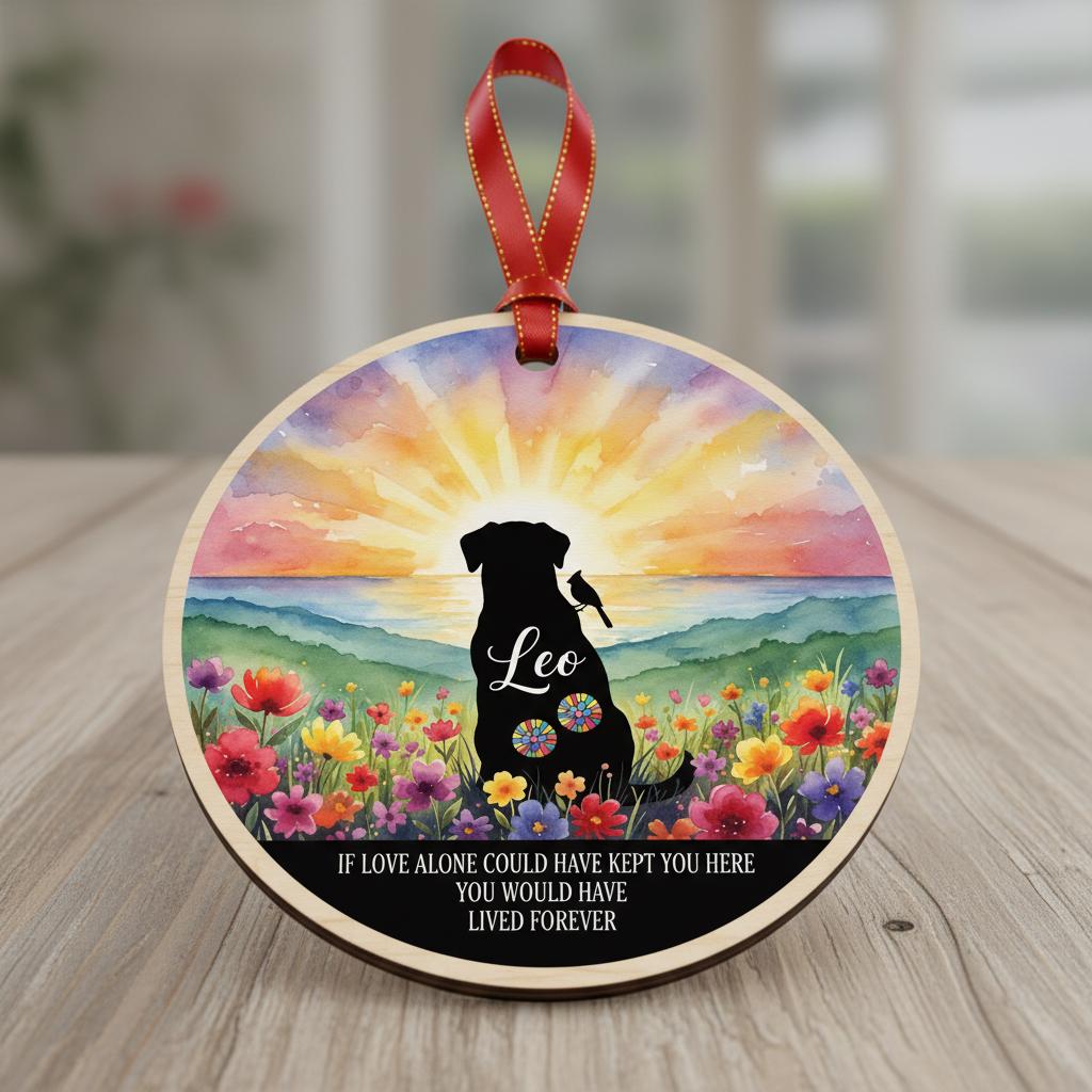 Personalized Dog Memorial Ornament: Watercolor Sunset, Pet Loss Keepsake