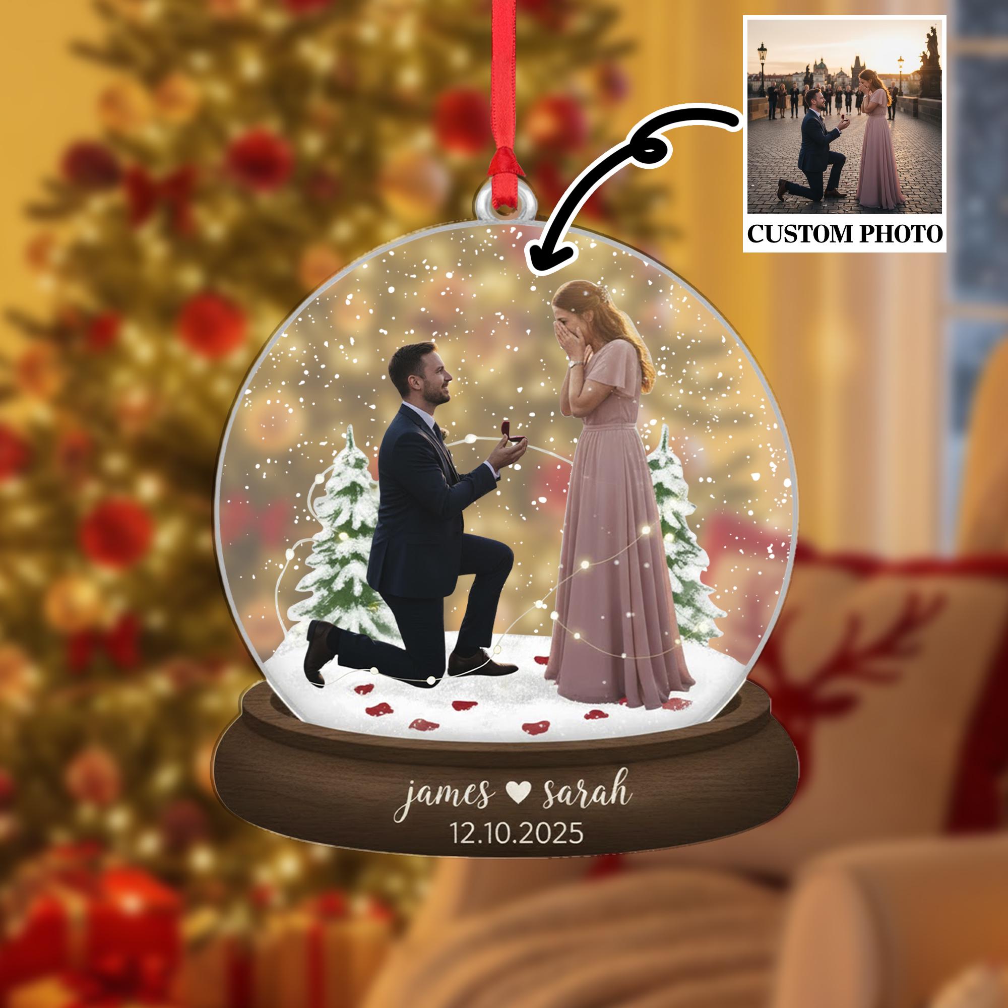 Custom Engagement Ornament – Snow Globe Keepsake with Couple’s Names & Date