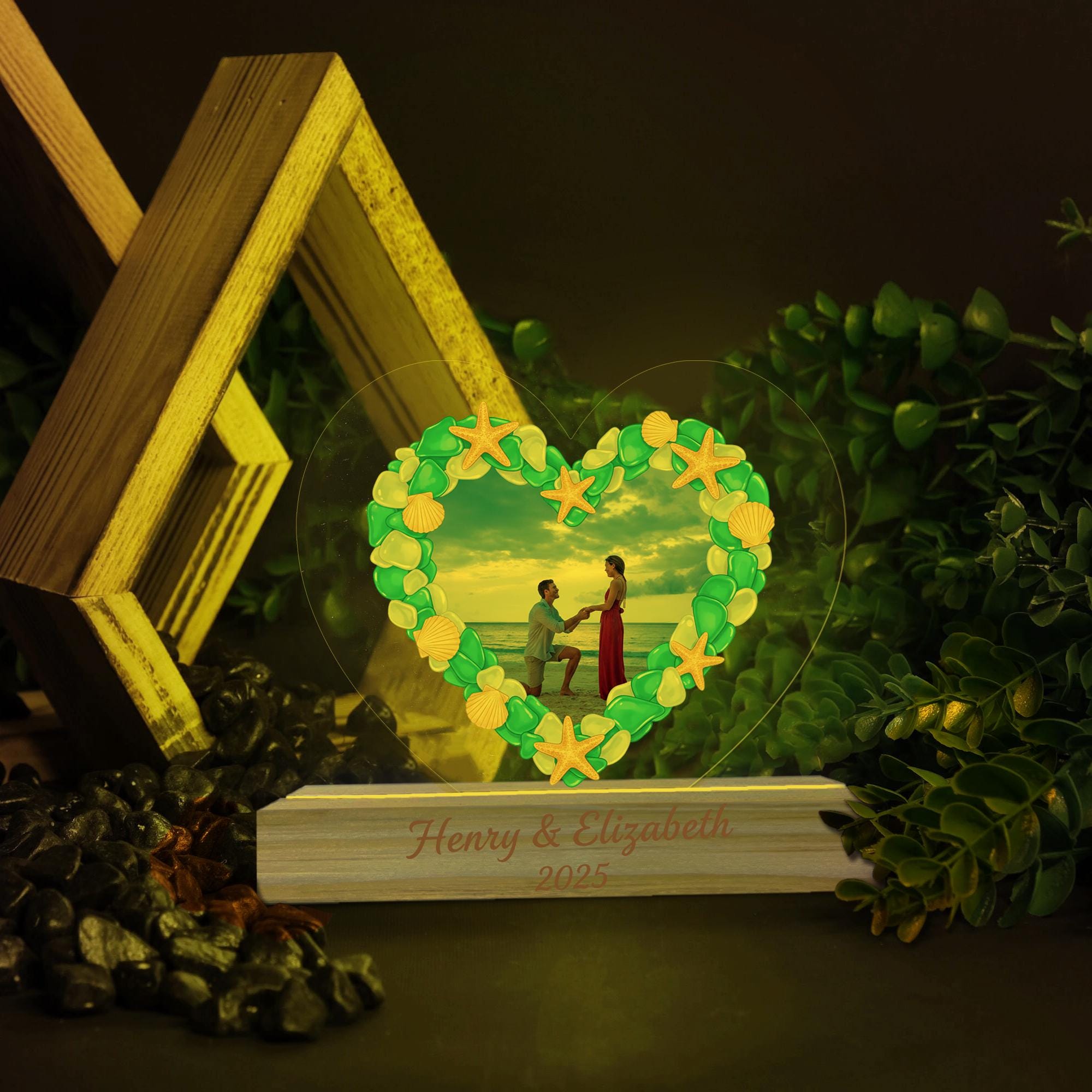 Personalized Sea Glass Heart Photo LED Light - Custom Name & Year