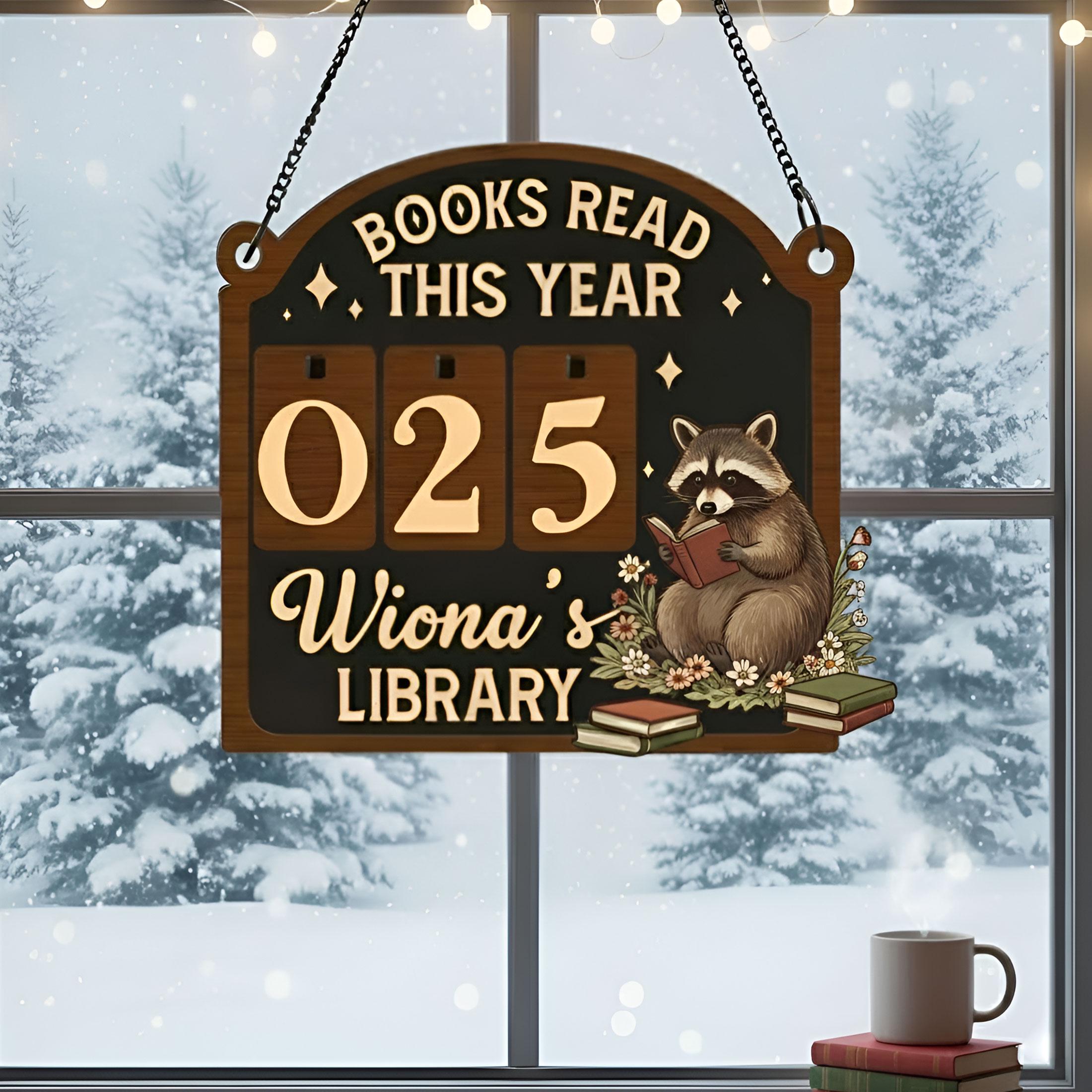Personalized Raccoon Reading Tracker: Wooden Books Read This Year Sign