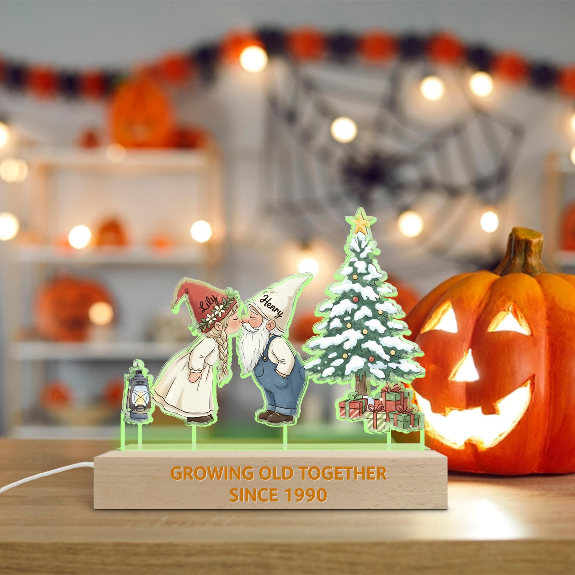 Personalized Gnome Couple LED Light: Christmas Tree Scene, Custom Names