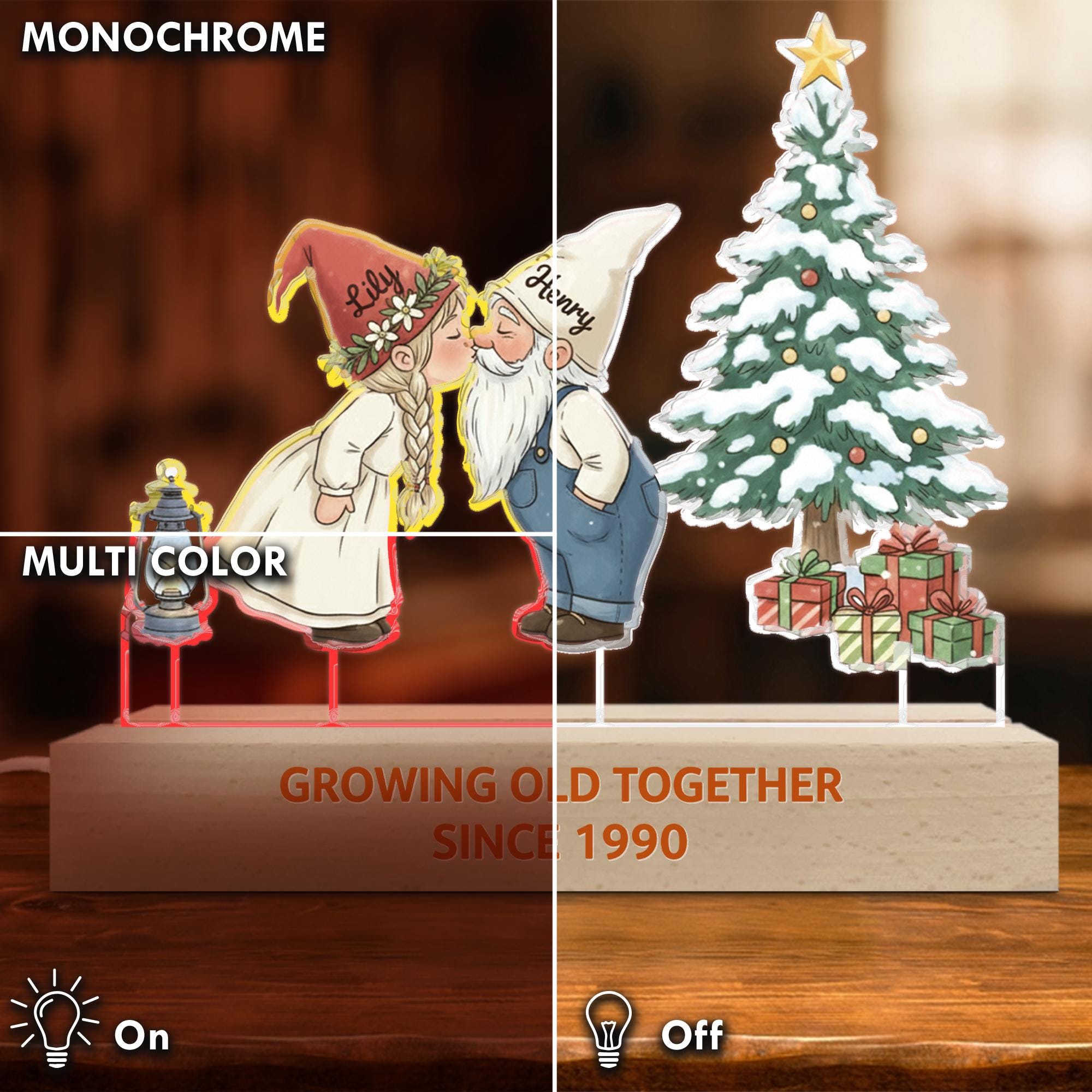 Personalized Gnome Couple LED Light: Christmas Tree Scene, Custom Names