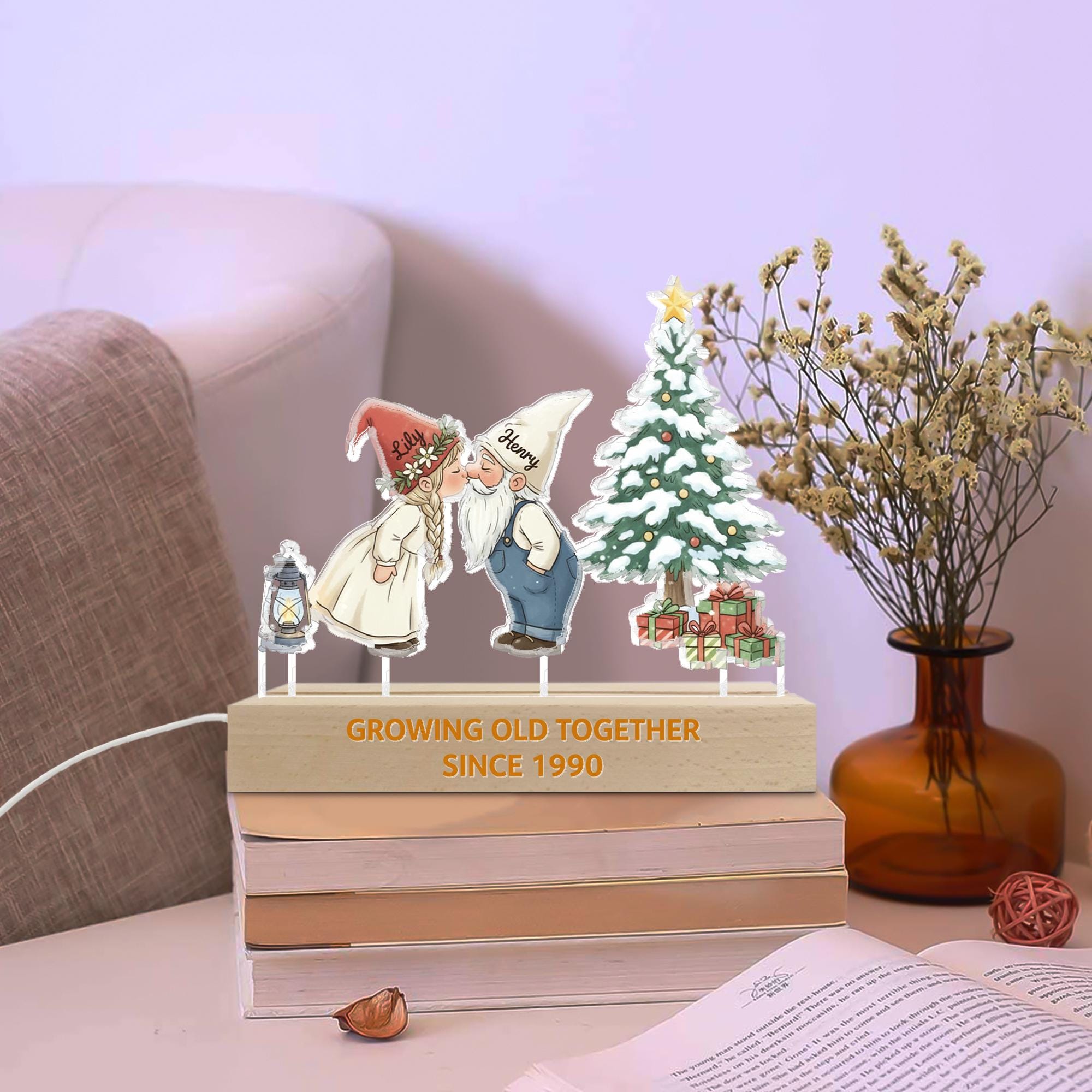 Personalized Gnome Couple LED Light: Christmas Tree Scene, Custom Names
