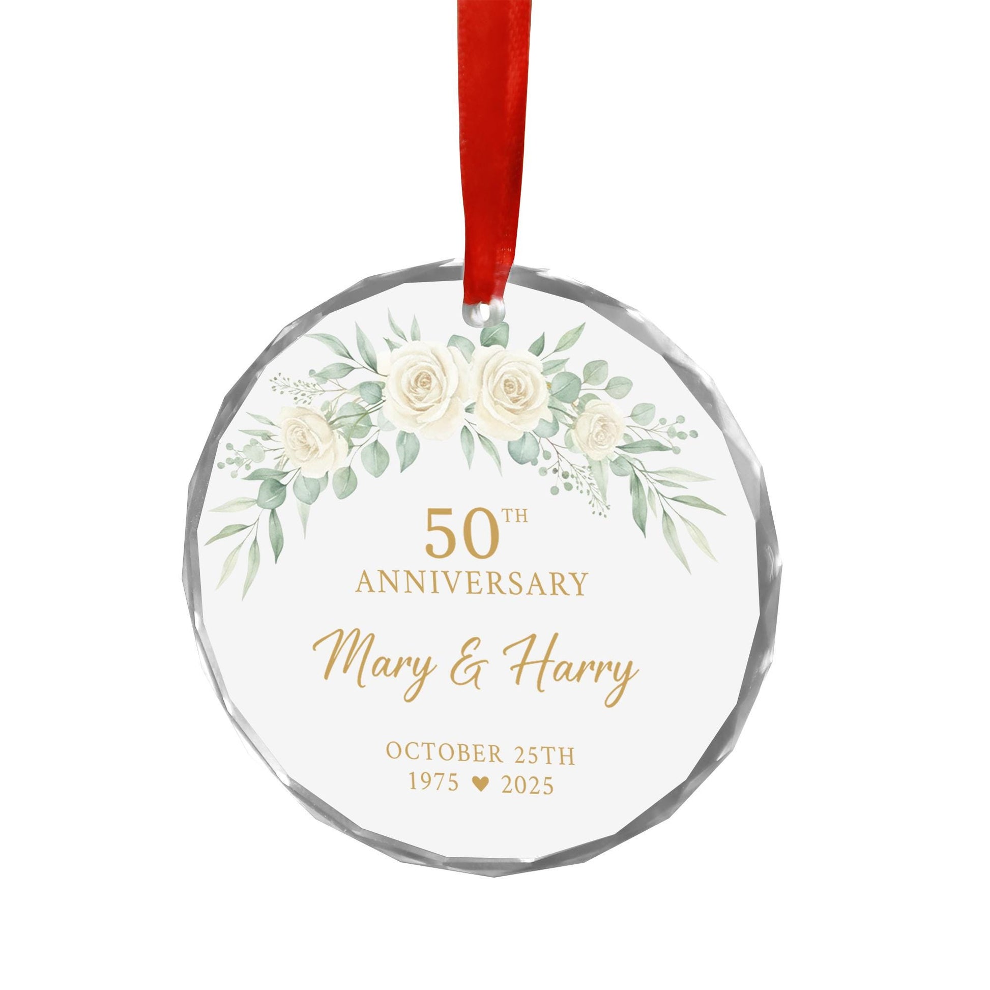 Custom 50th Anniversary Ornament with Roses – Personalized Name & Date Glass Hanging Keepsake