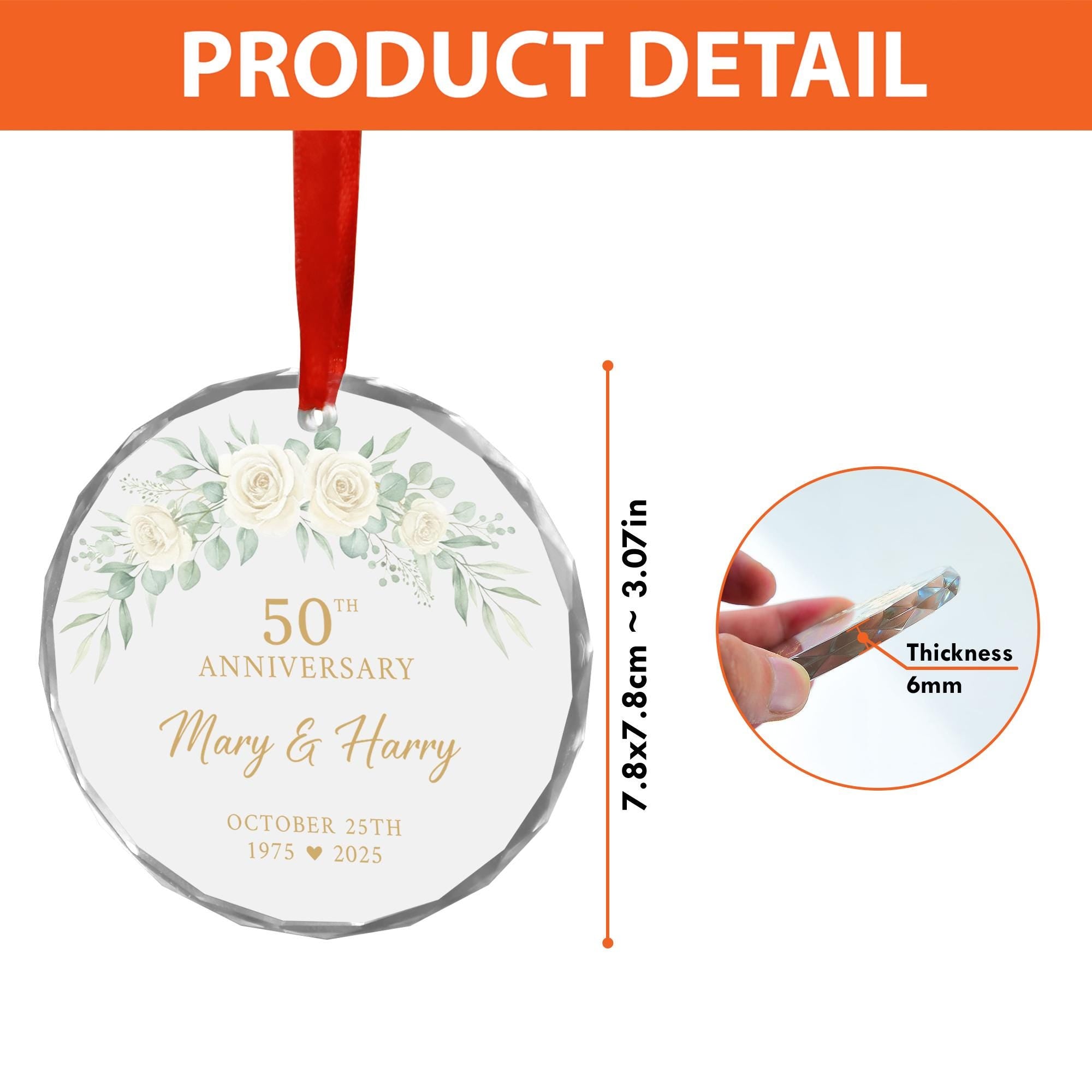 Custom 50th Anniversary Ornament with Roses – Personalized Name & Date Glass Hanging Keepsake