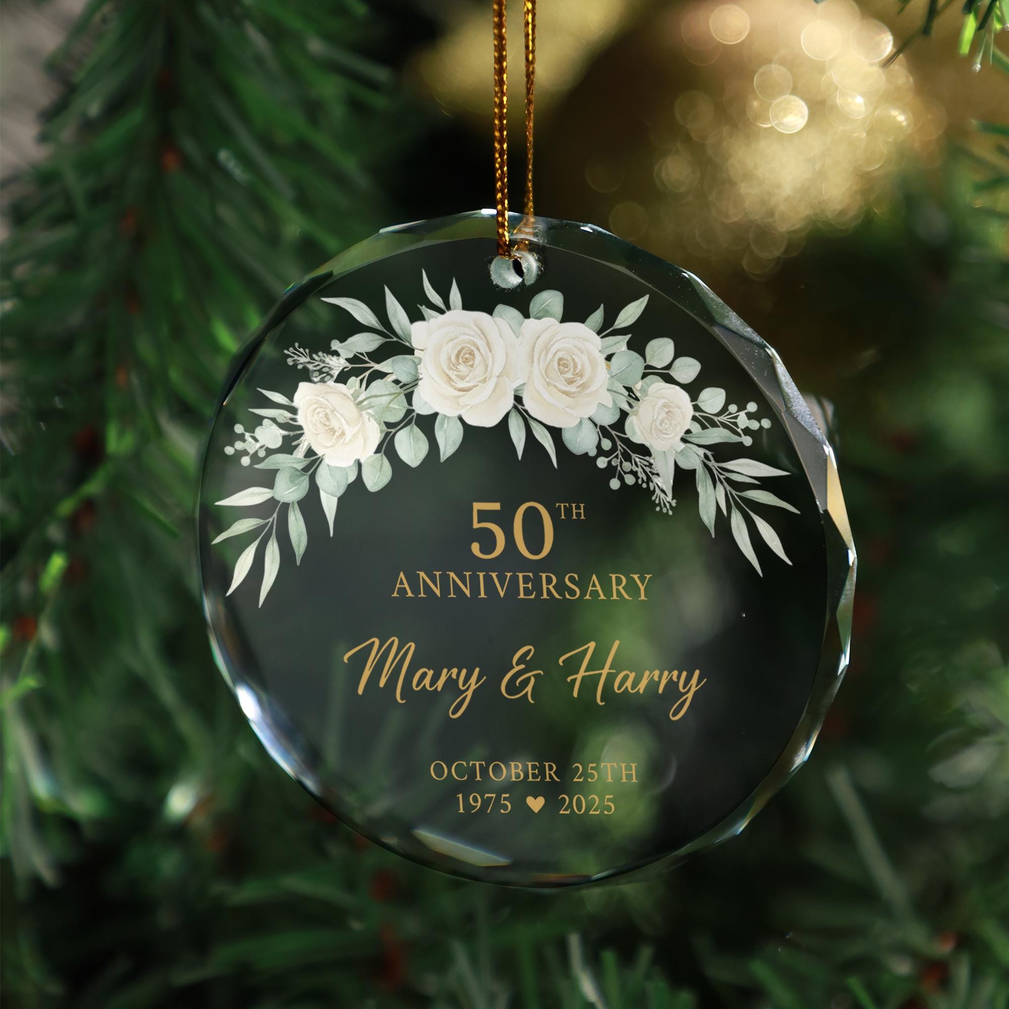 Custom 50th Anniversary Ornament with Roses – Personalized Name & Date Glass Hanging Keepsake