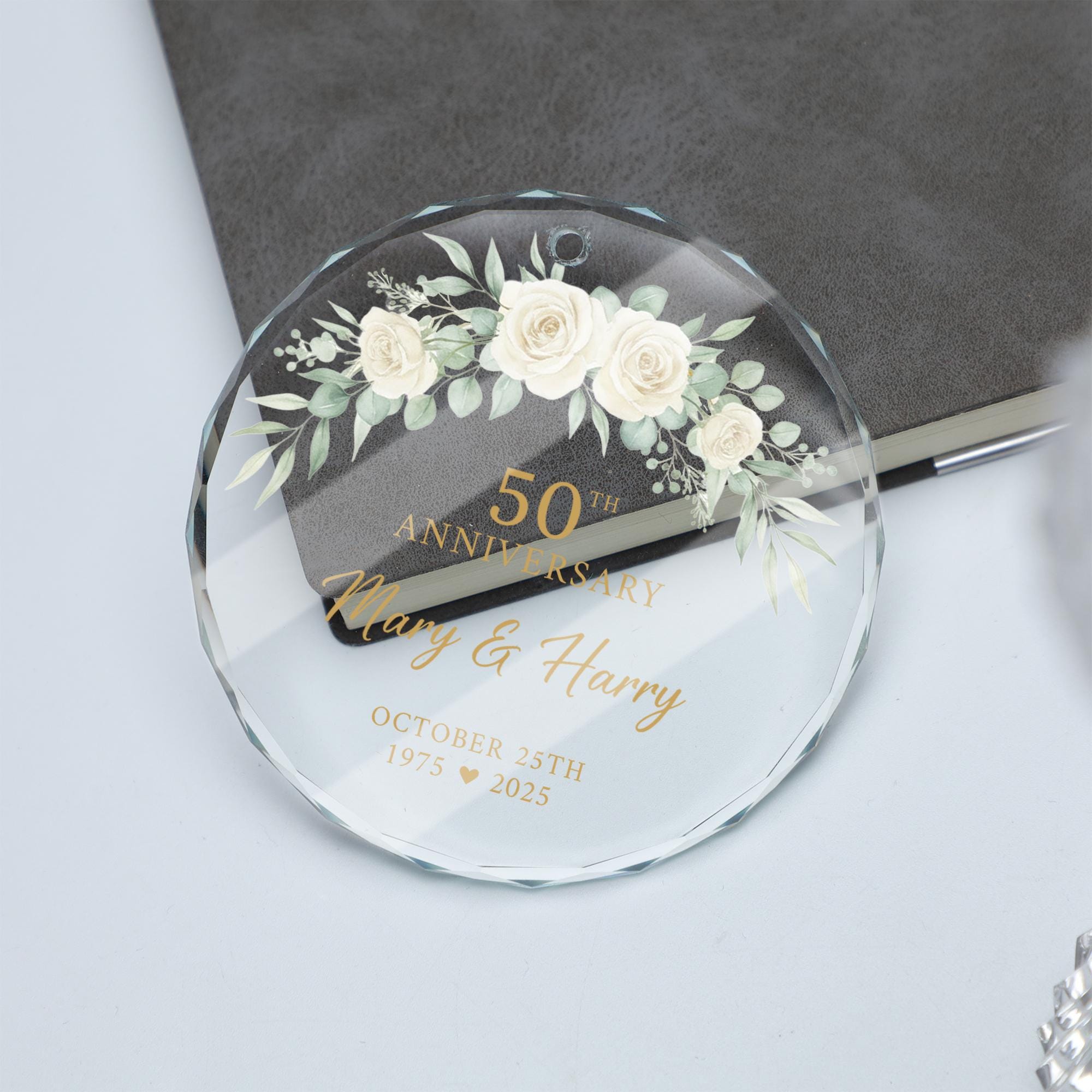 Custom 50th Anniversary Ornament with Roses – Personalized Name & Date Glass Hanging Keepsake