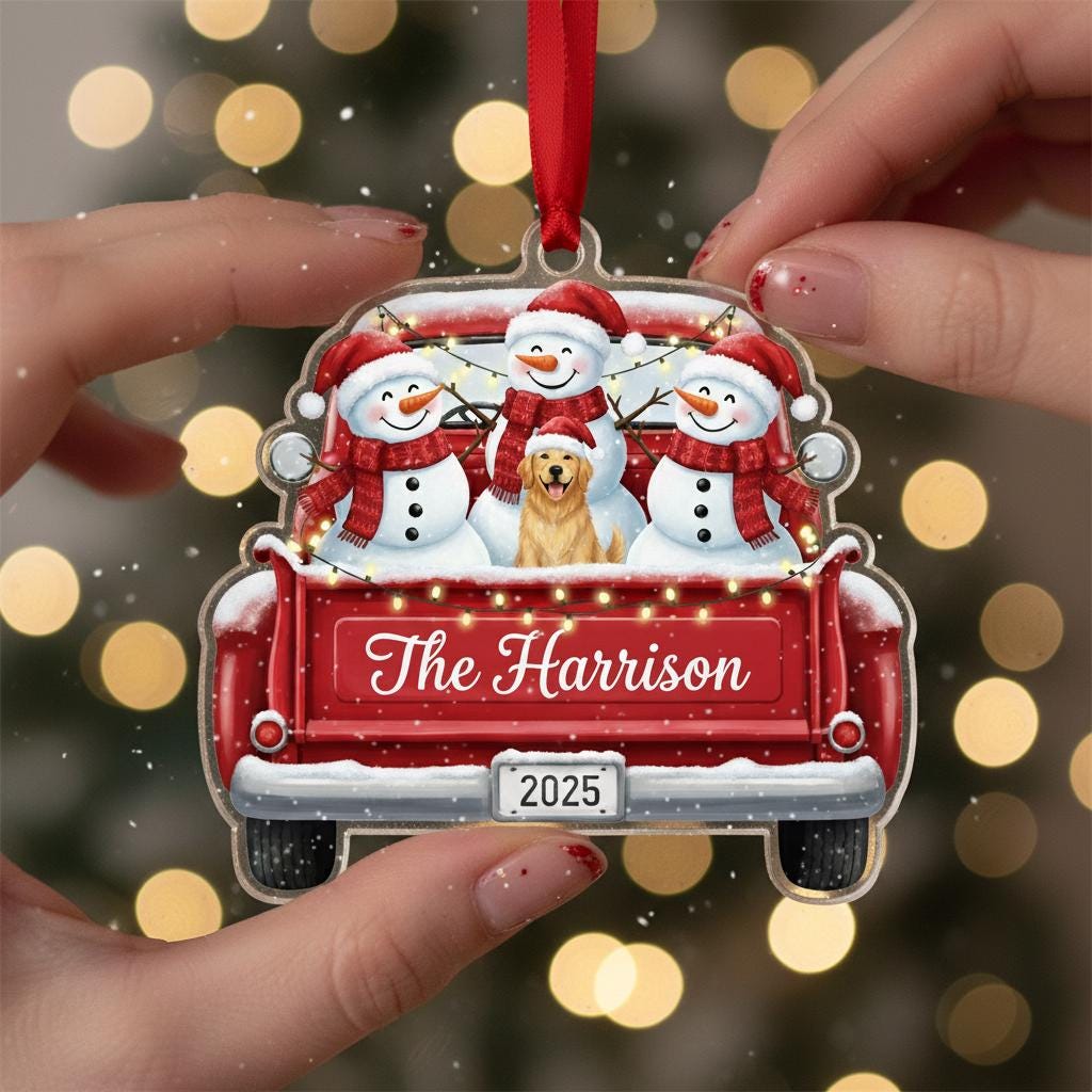 Personalized Family Christmas Ornament – Custom Snowman Truck Decoration with Pet & Name 2025