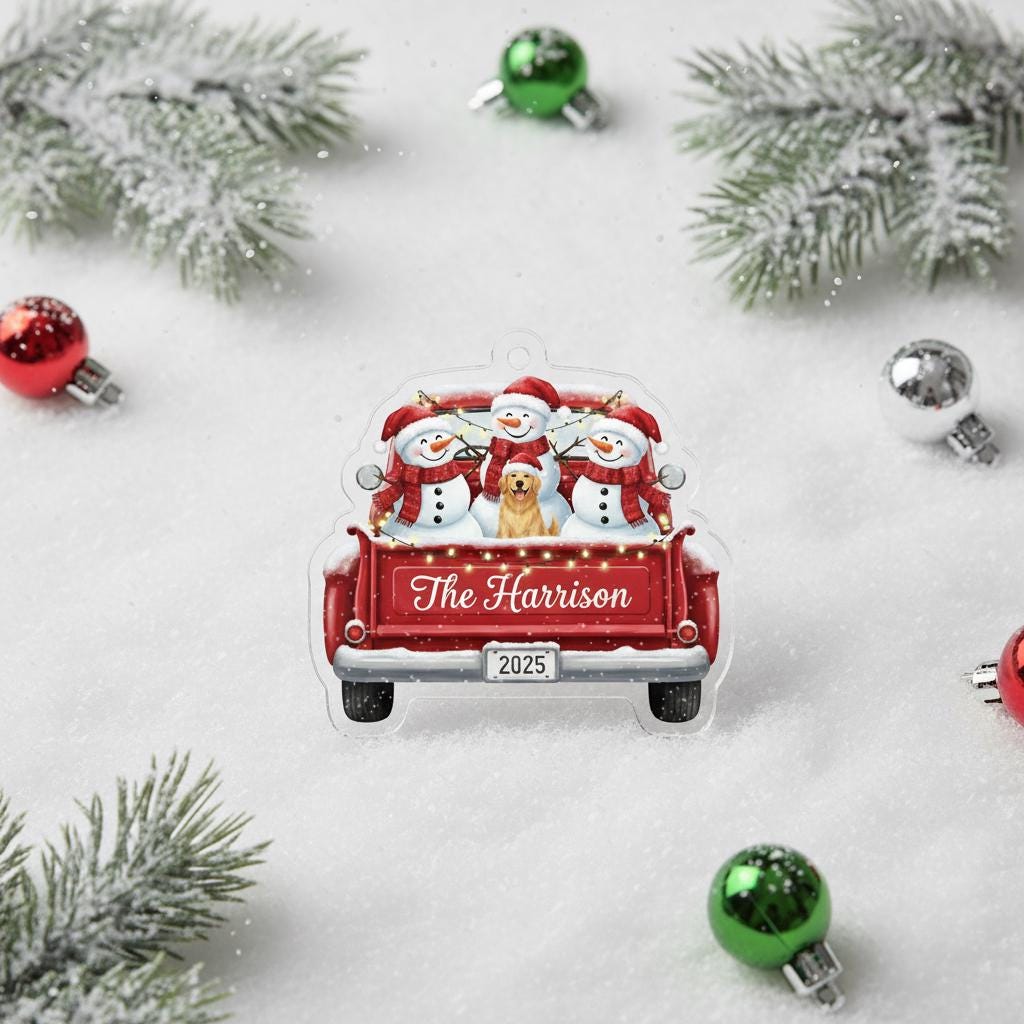 Personalized Family Christmas Ornament – Custom Snowman Truck Decoration with Pet & Name 2025