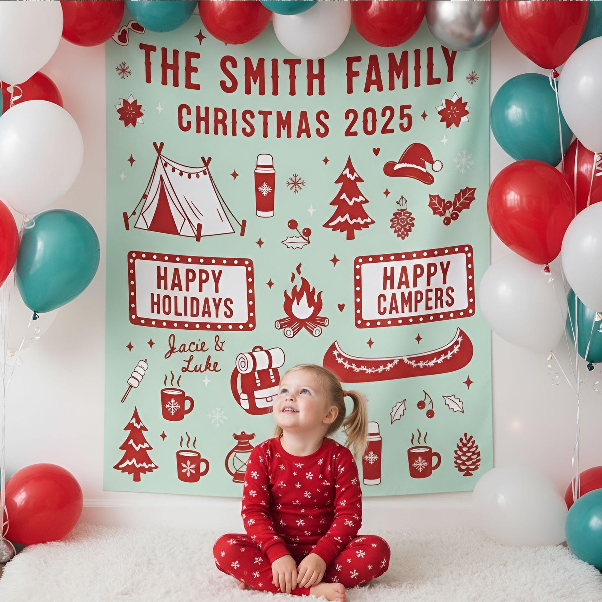 Custom Camping Family Christmas Backdrop: Personalized Holiday Banner with Tent