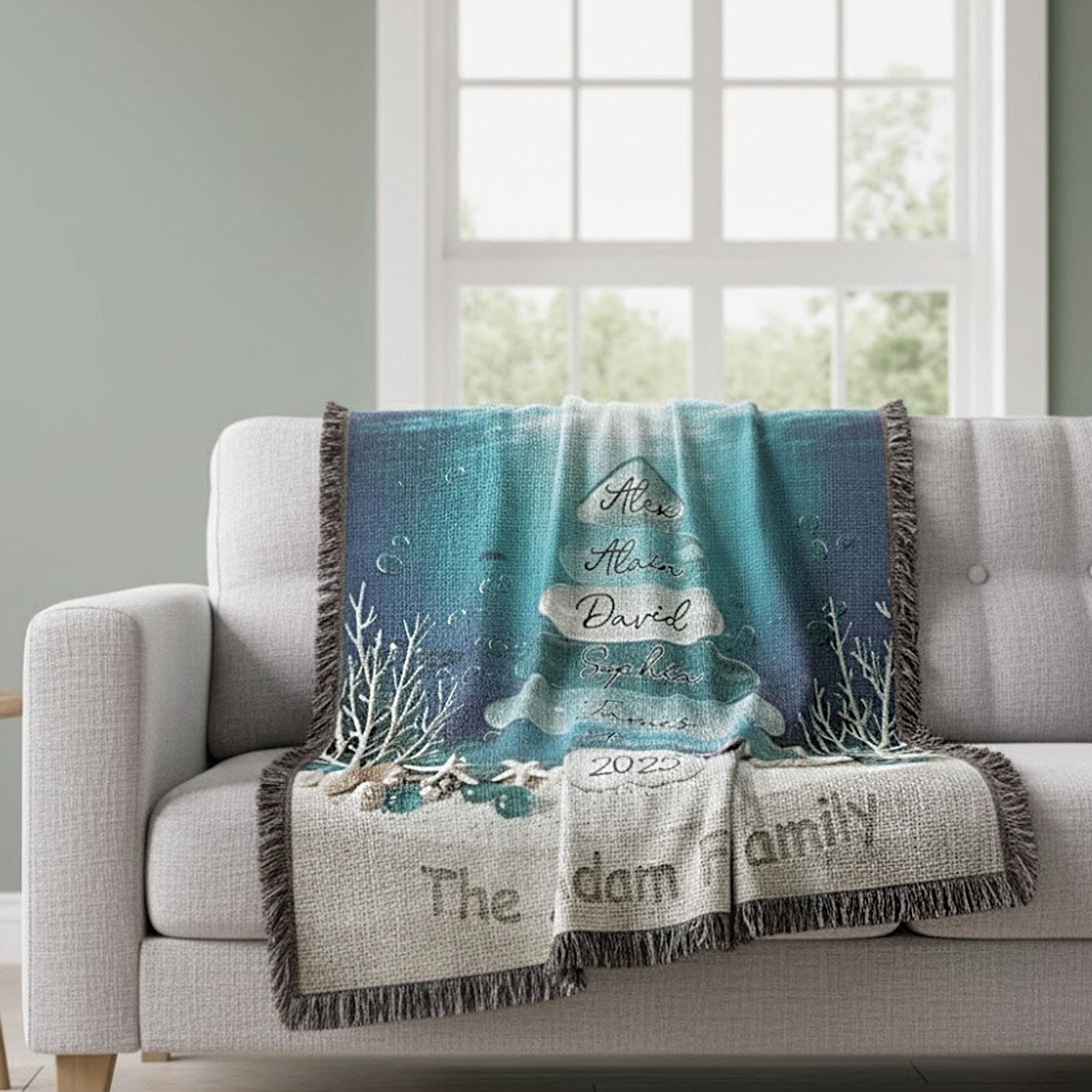 Custom Coastal Family Christmas Tree Woven Blanket: Ocean-Inspired Holiday Beach House Decor