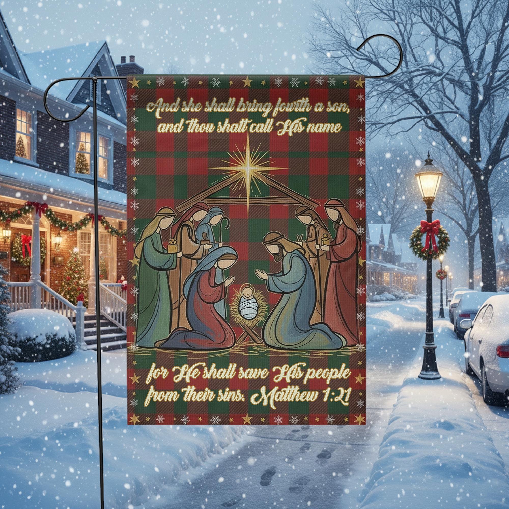 Nativity Scene Bible Verse Christmas Flag: Outdoor Holiday Banner Religious Decor