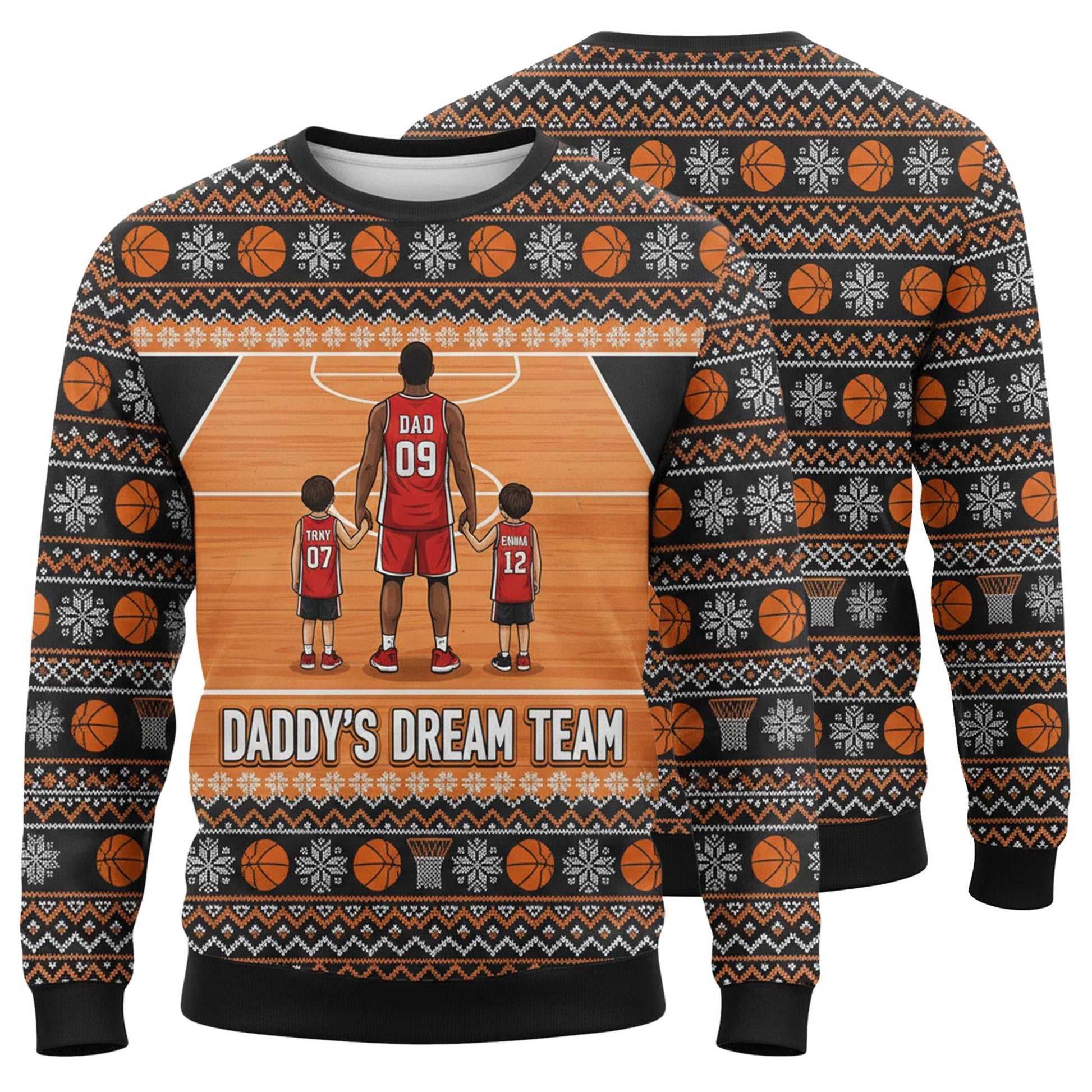 Custom Basketball Daddy’s Dream Team Sweater: All-Over Print Holiday Knit Pullover