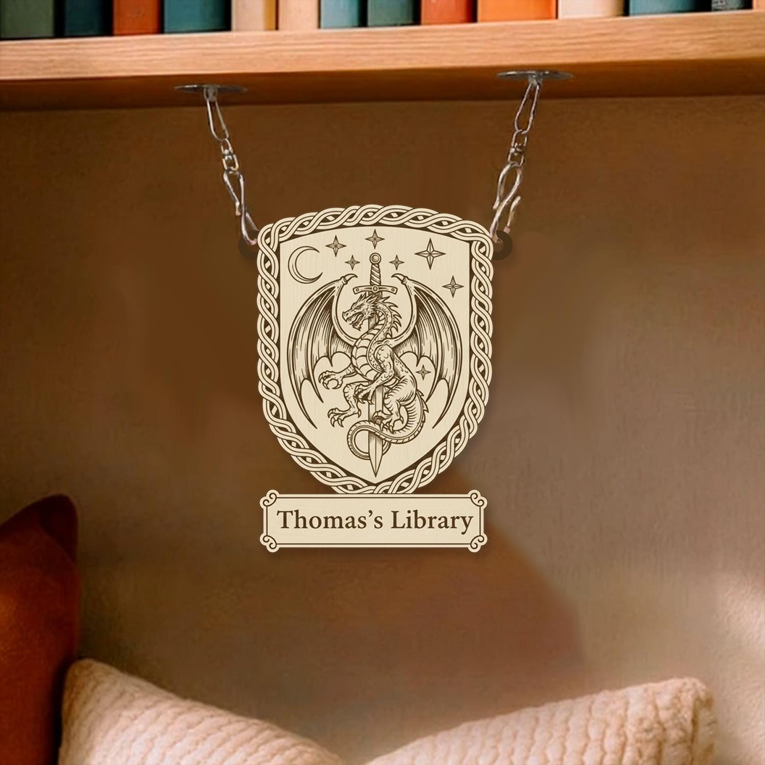 Personalized Dragon Bookshelf Sign – Fantasy Library Decor