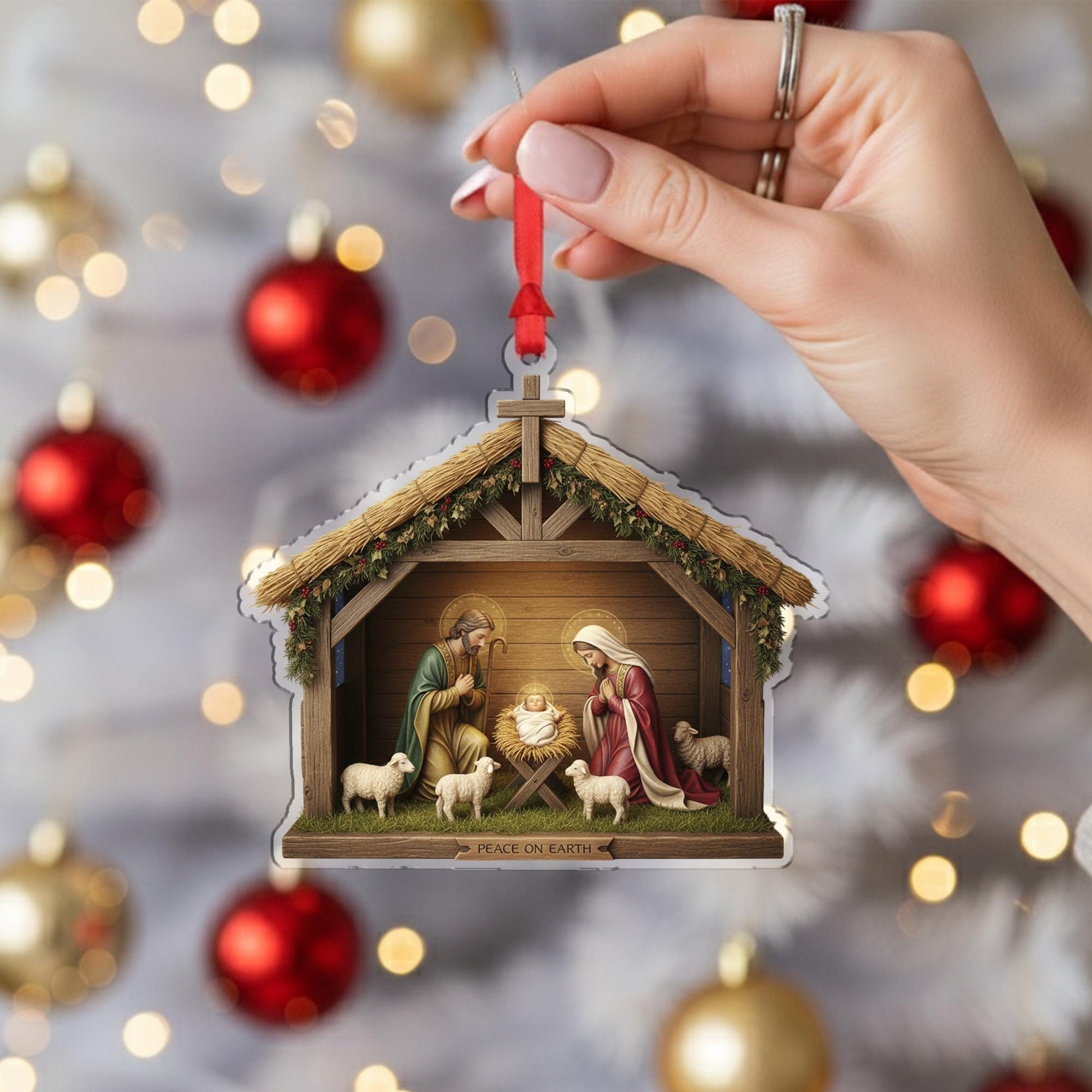 Nativity Ornament – “Peace on Earth” Religious Christmas Tree Hanging Decoration