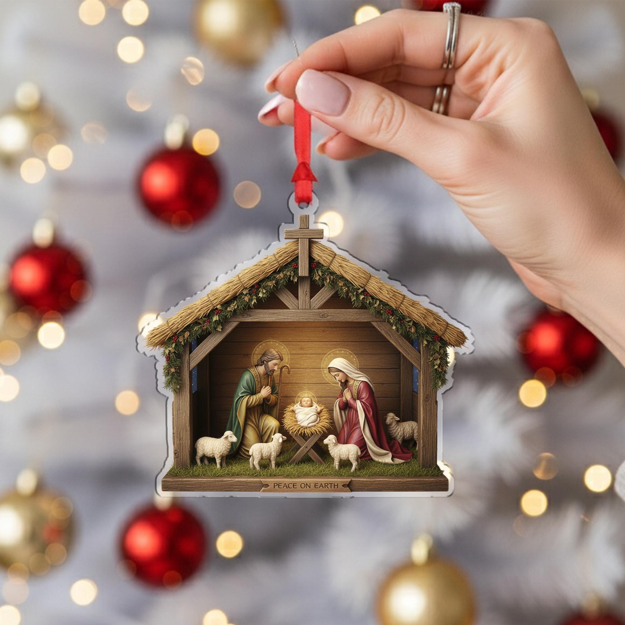 Nativity Ornament – “Peace on Earth” Religious Christmas Tree Hanging Decoration