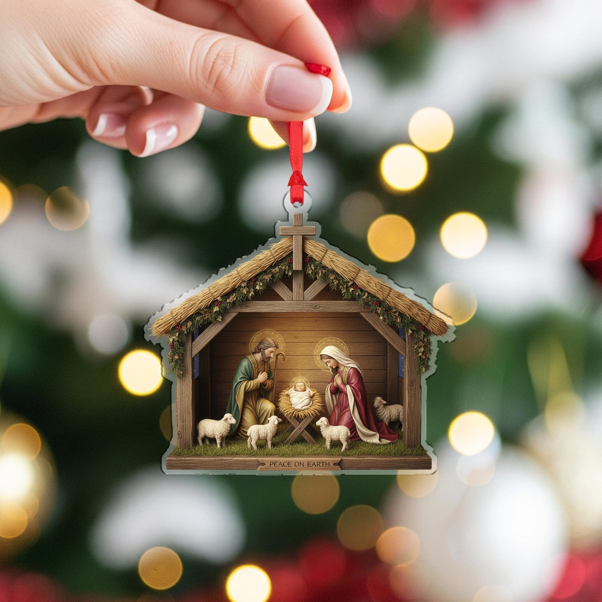 Nativity Ornament – “Peace on Earth” Religious Christmas Tree Hanging Decoration