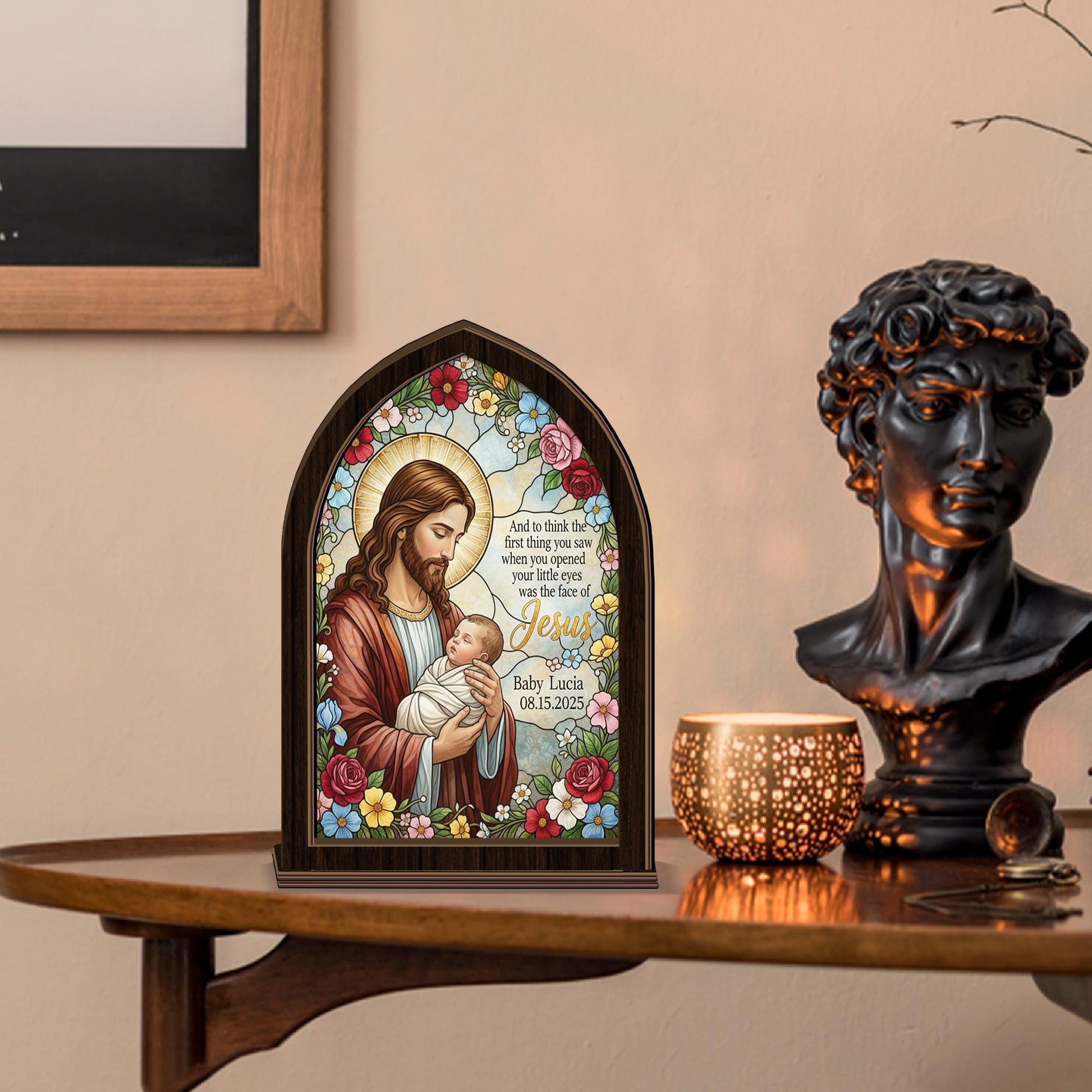 Personalized Jesus Baby Candle Holder Plaque – Custom Baptism Memorial Gift