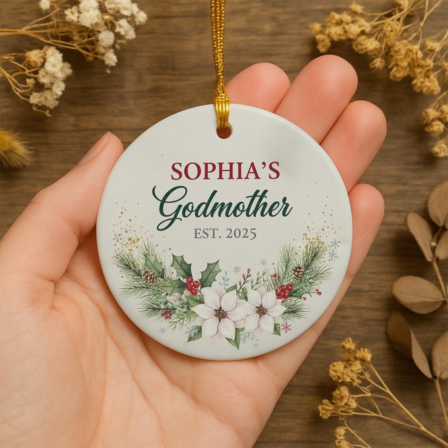 Personalized Godmother Ceramic Ornament: Custom Keepsake with Godchild's Name and Year, Floral Poinsettia Design