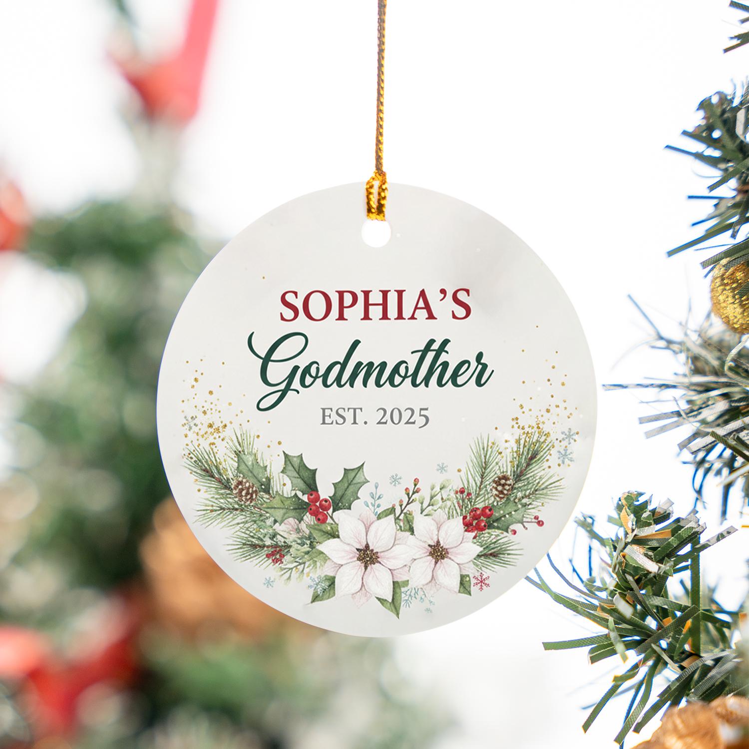Personalized Godmother Ceramic Ornament: Custom Keepsake with Godchild's Name and Year, Floral Poinsettia Design