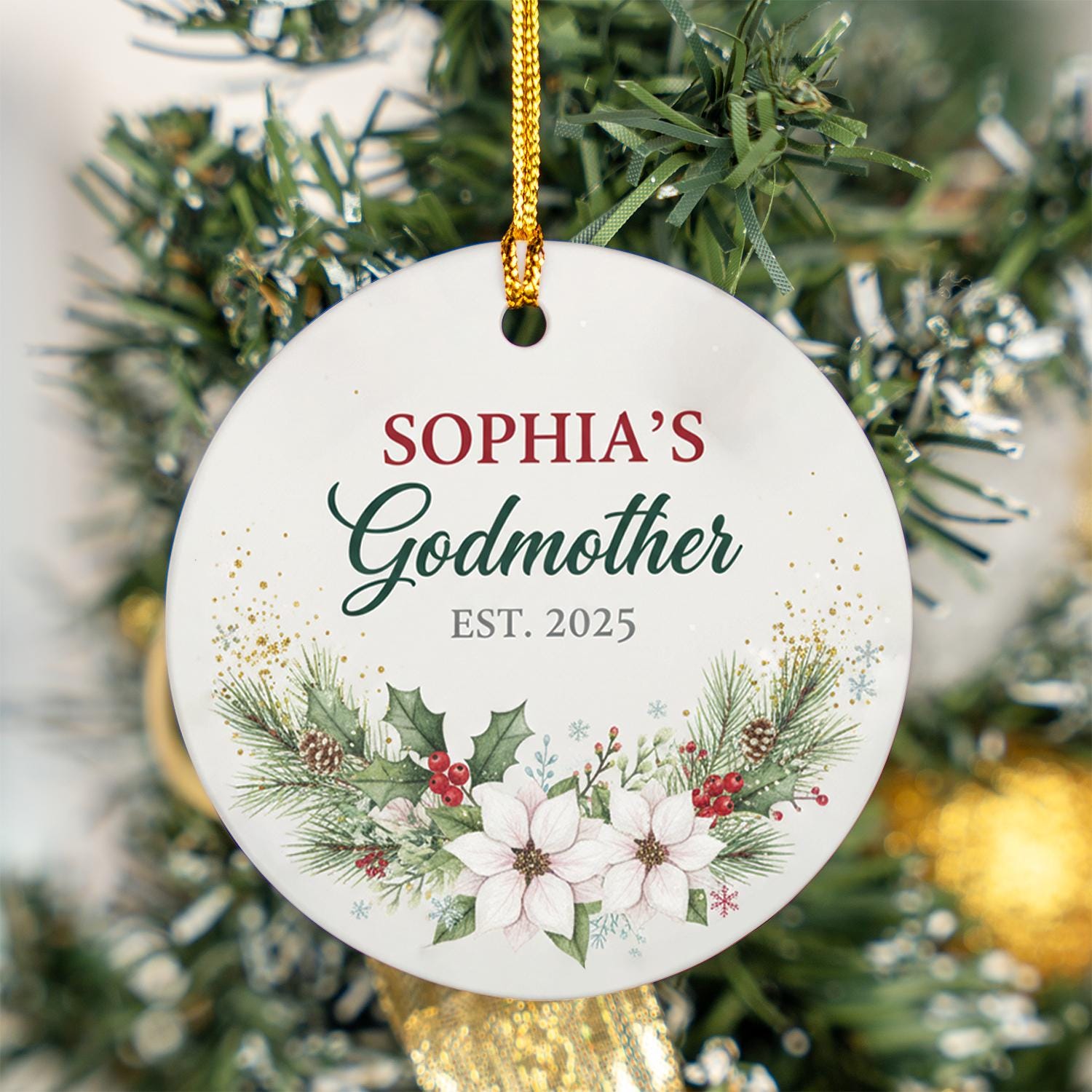 Personalized Godmother Ceramic Ornament: Custom Keepsake with Godchild's Name and Year, Floral Poinsettia Design