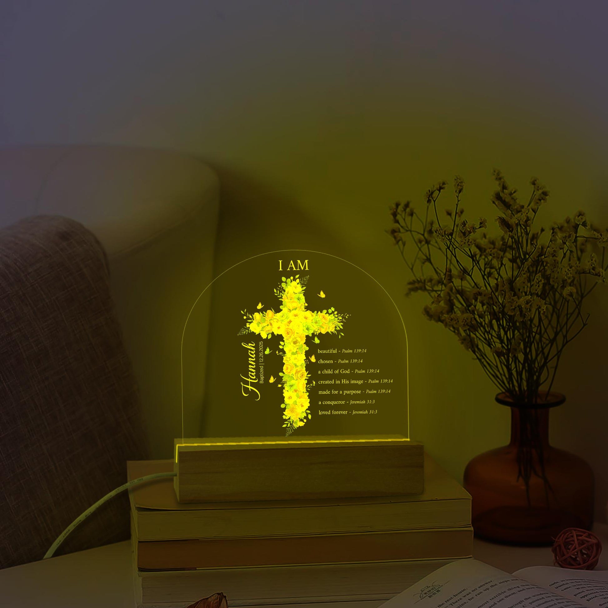 Personalized Baptism Night Light Cross Gift with Name & Bible Verses for Baby
