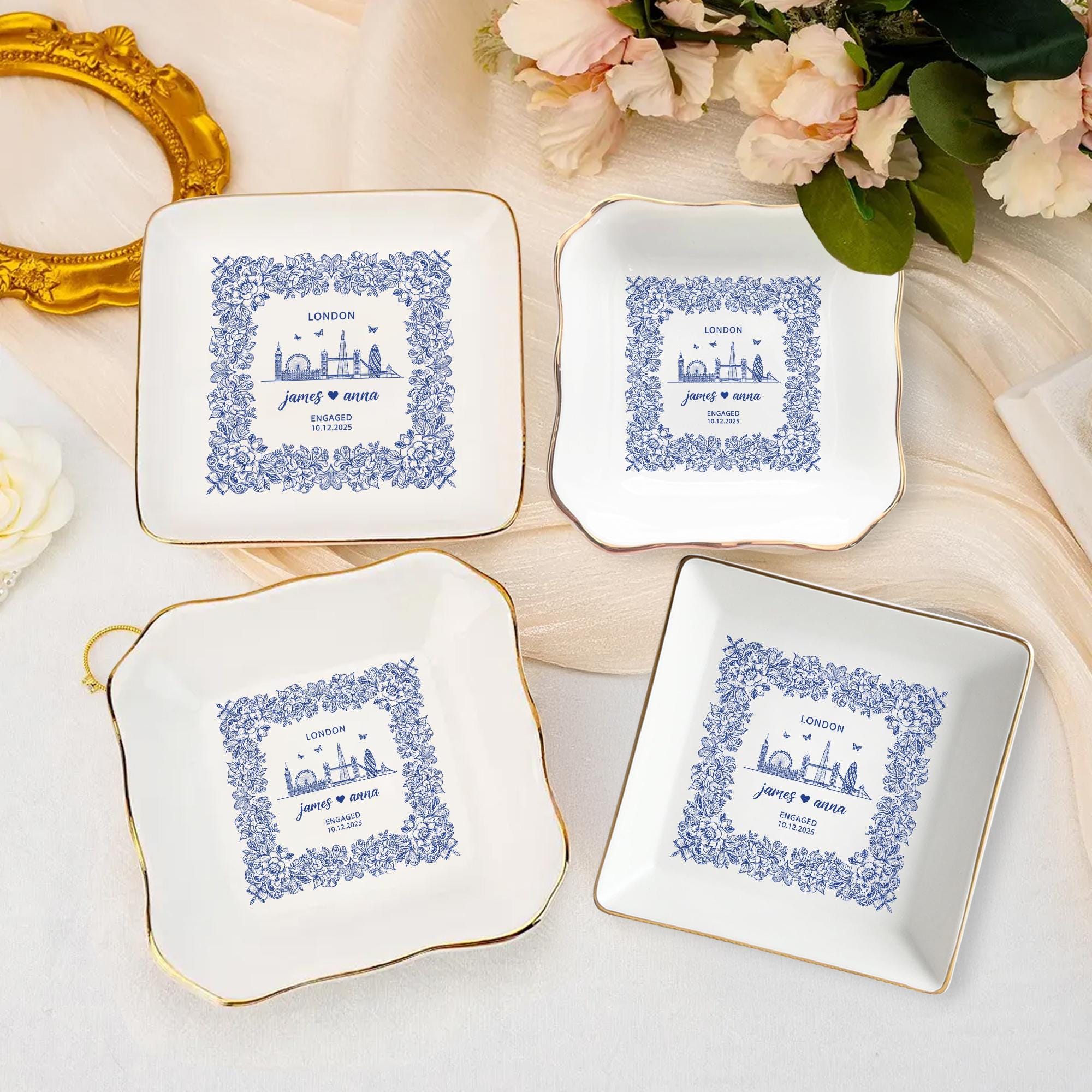 Personalized Engagement Ring Dish City Skyline Design - Gift for Couple or Bridal Shower