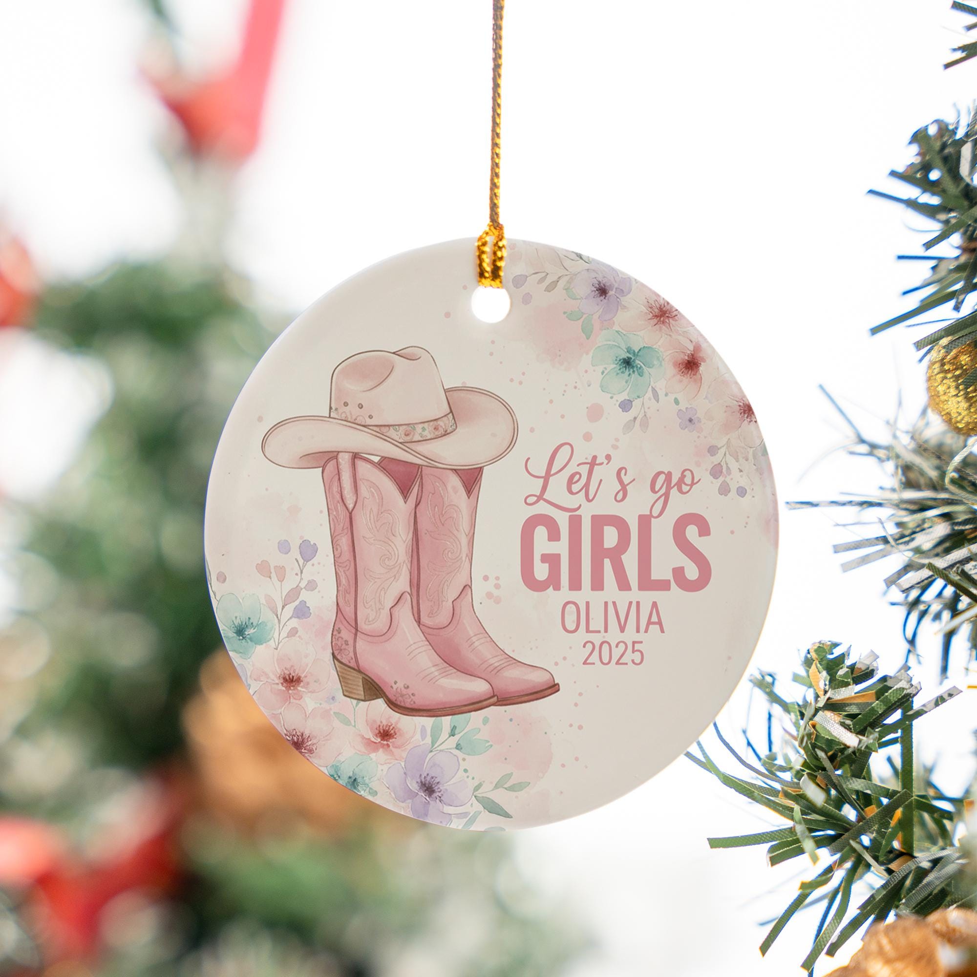 Pink Western Cowgirl Boots & Hat Ceramic Ornament – “Let’s Go Girls” Floral Country Decor image 1