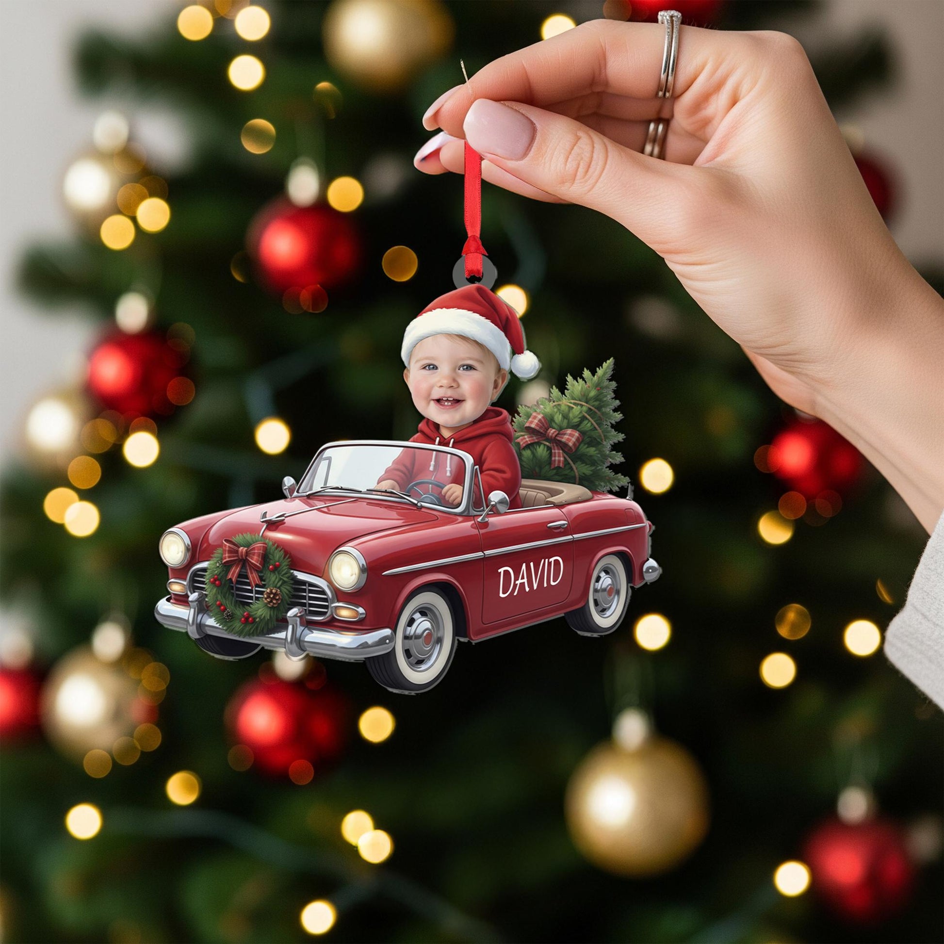 Custom Baby Photo Christmas Car Ornament: Vintage Red Car Keepsake image 6