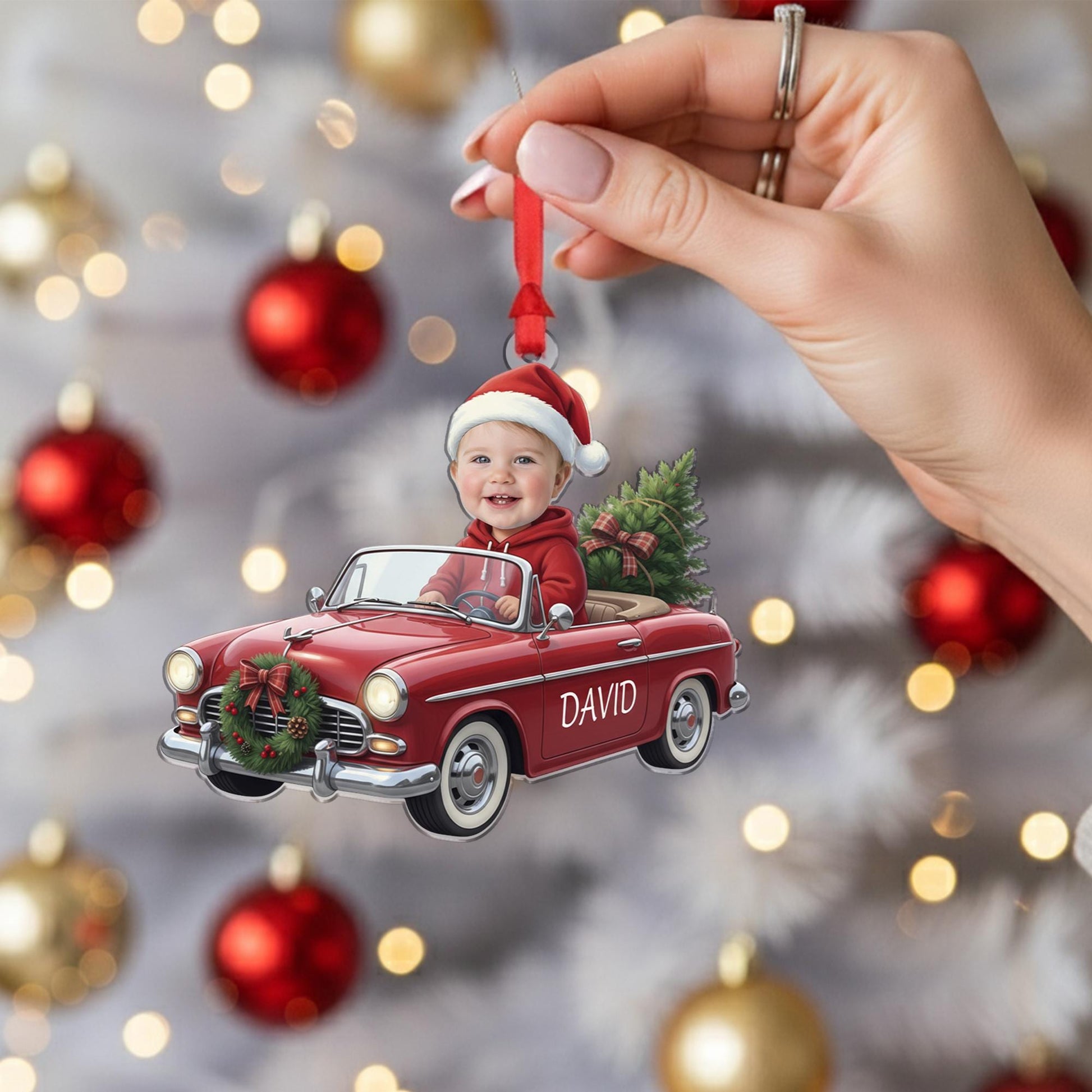 Custom Baby Photo Christmas Car Ornament: Vintage Red Car Keepsake image 5