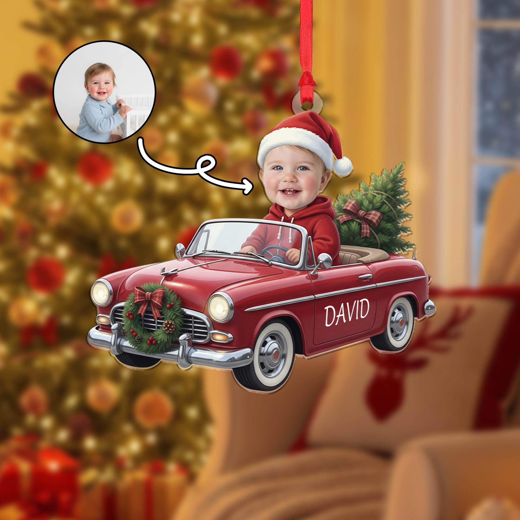 Custom Baby Photo Christmas Car Ornament: Vintage Red Car Keepsake image 1