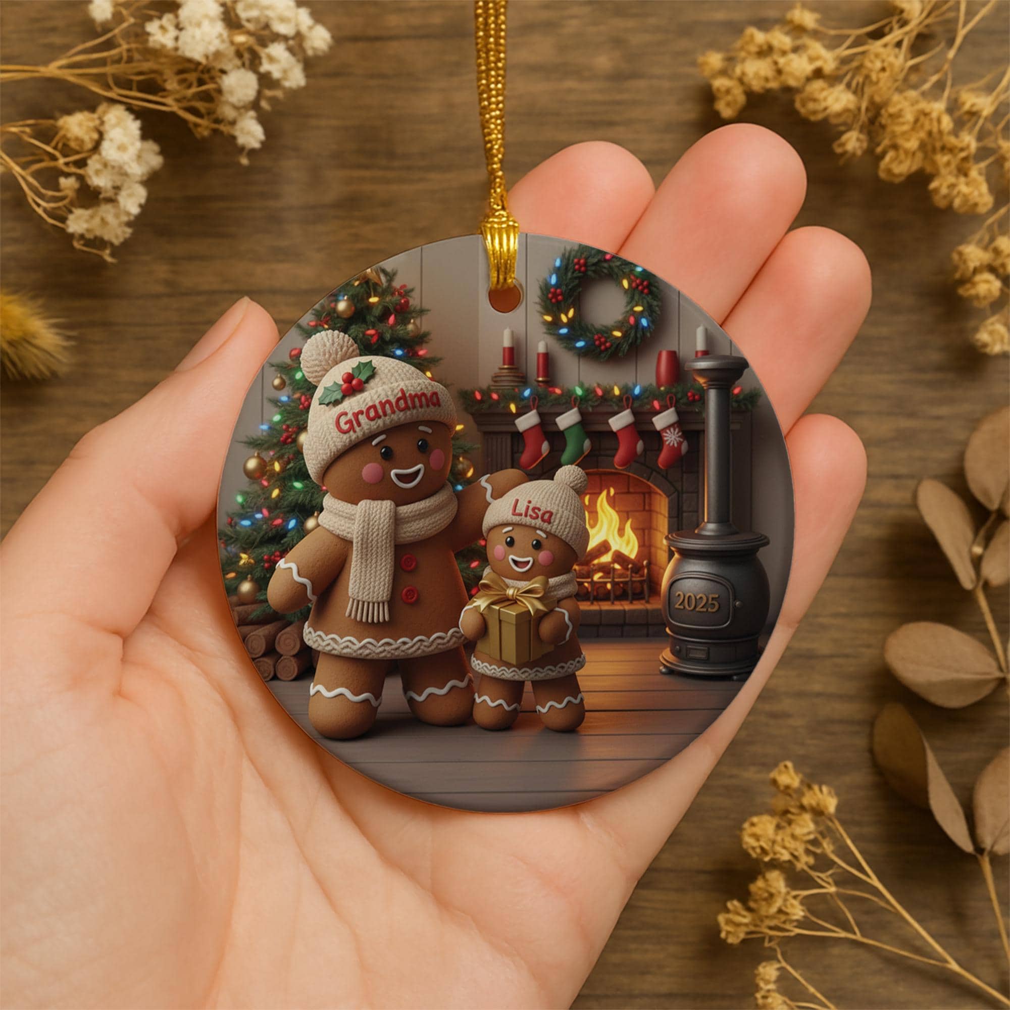 Personalized Gingerbread Ornament: Ceramic Round Keepsake with Grandma & Grandchild, Custom Names, Fireplace Scene, 2025 image 1