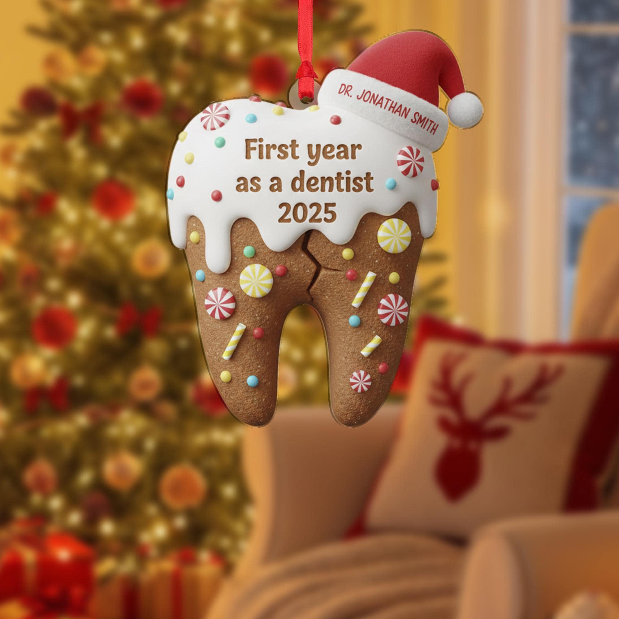 Personalized Dentist Ornament: Gingerbread Tooth with Santa Hat image 2