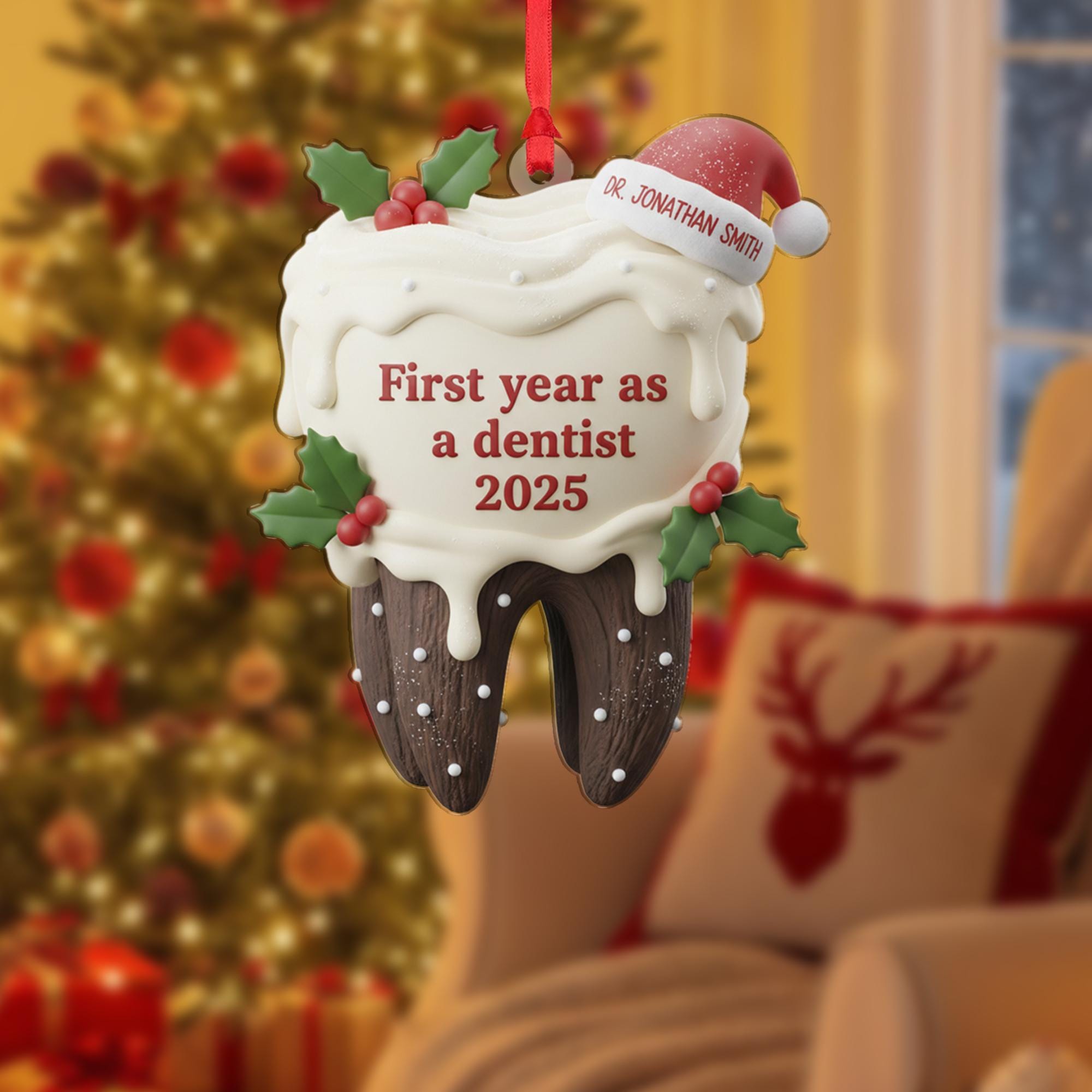 Personalized Dentist Ornament: First Year, Tooth Shape, Bûche de Noël Style image 2