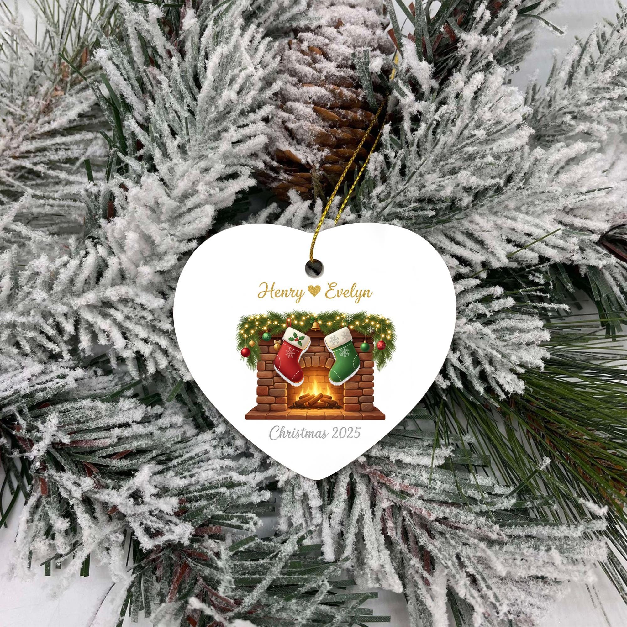 Personalized Heart-Shape Ornament – Fireplace & Stocking Design Christmas 2025 Hanging Decoration image 2