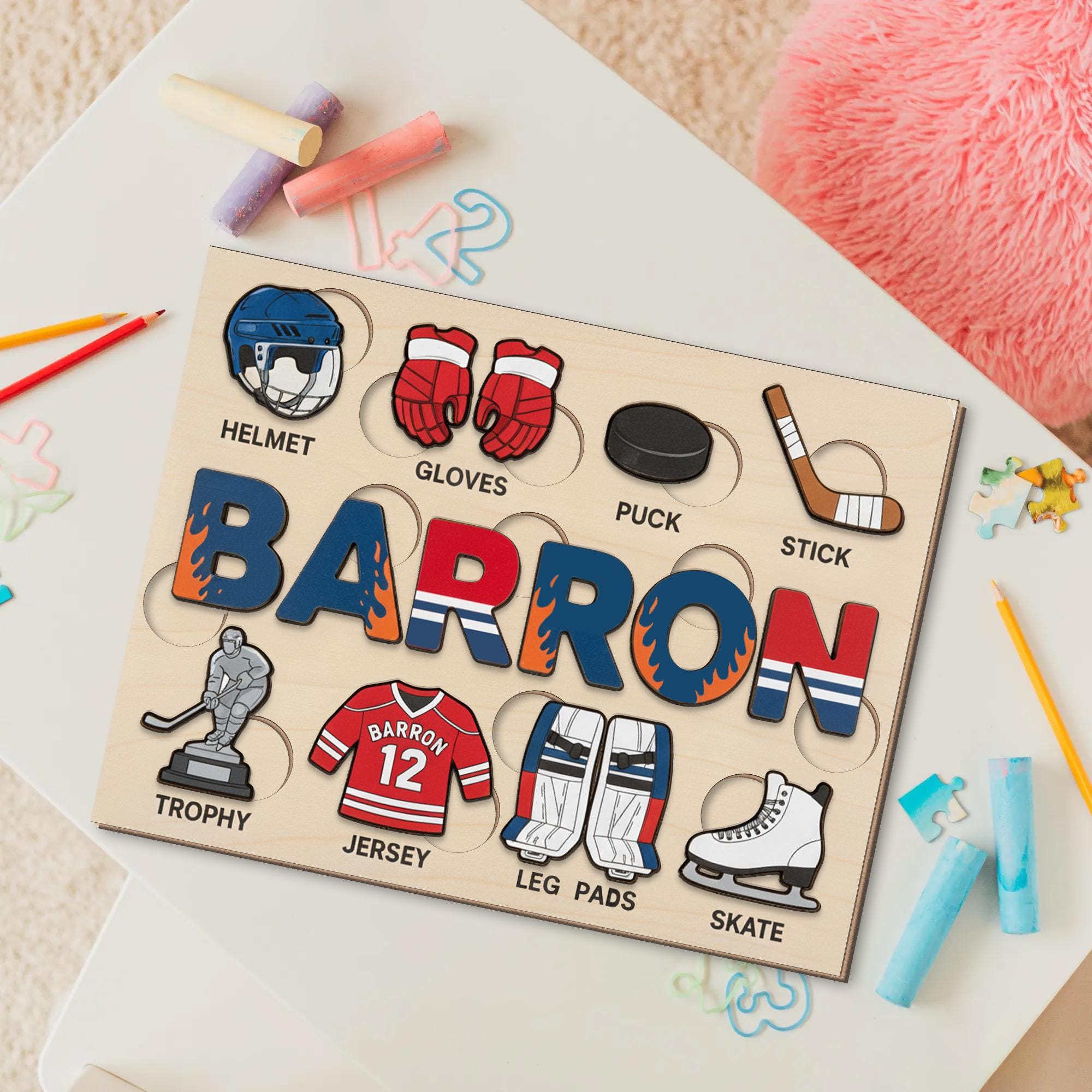 Personalized Wooden Hockey Puzzle - Custom Name Toy for Kids, Sports Baby Gift image 1