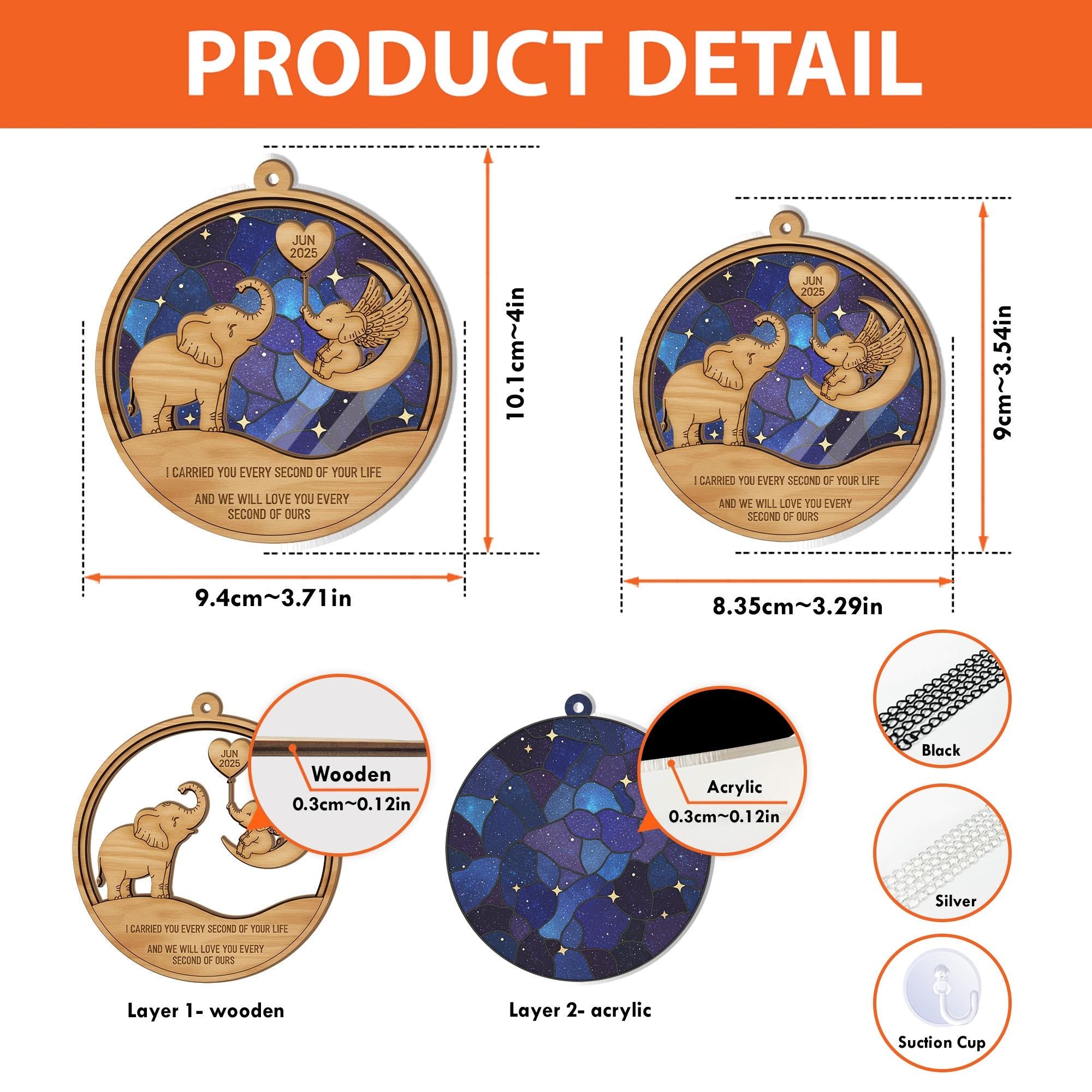 Wood and Acrylic Elephant Suncatcher Ornament – Baby Loss Memorial Design, Personalized Date, Angel Wings, Window or Tree Decoration image 4