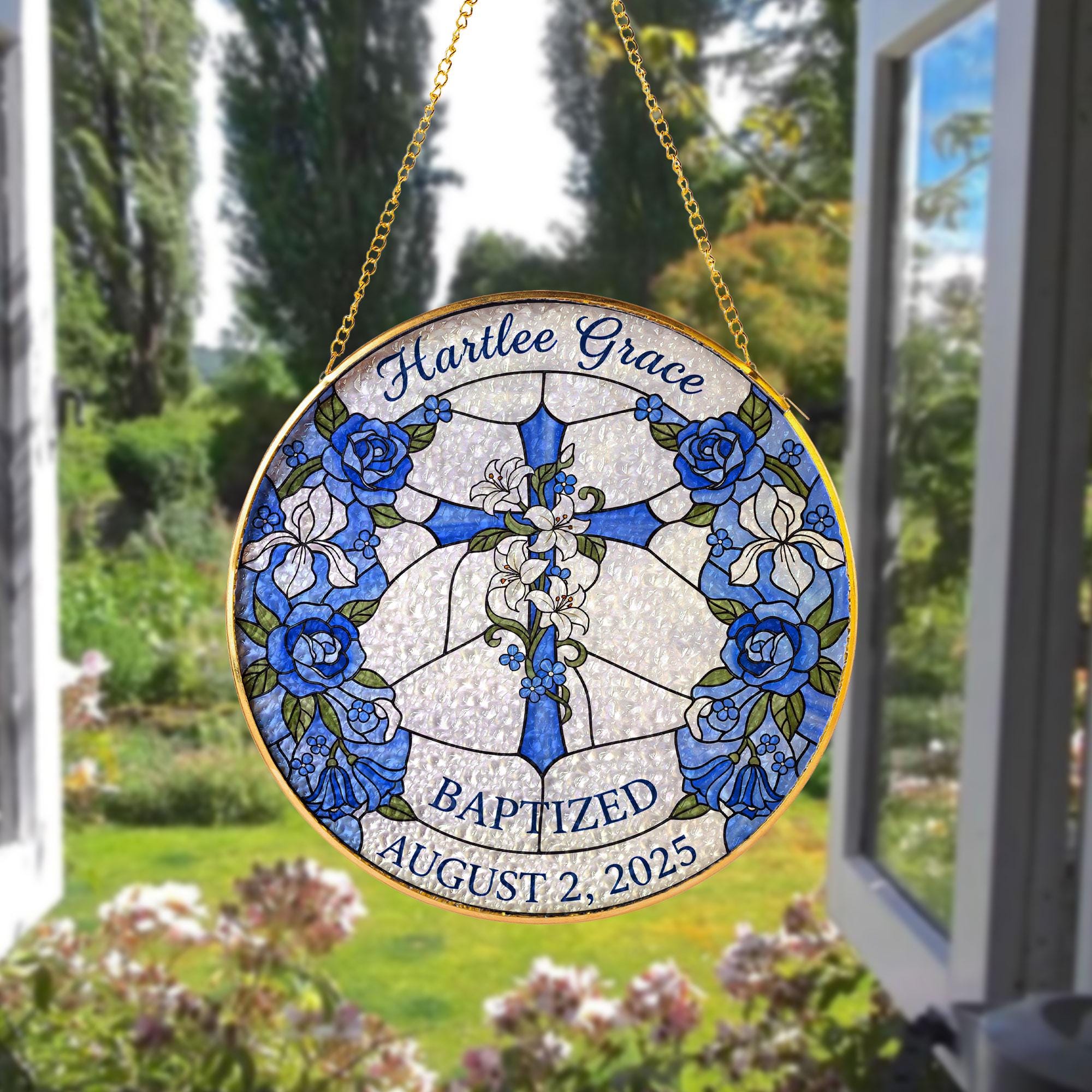 Baptism Glass Suncatcher for Baby: Personalized Birth Month Flower Keepsake image 1