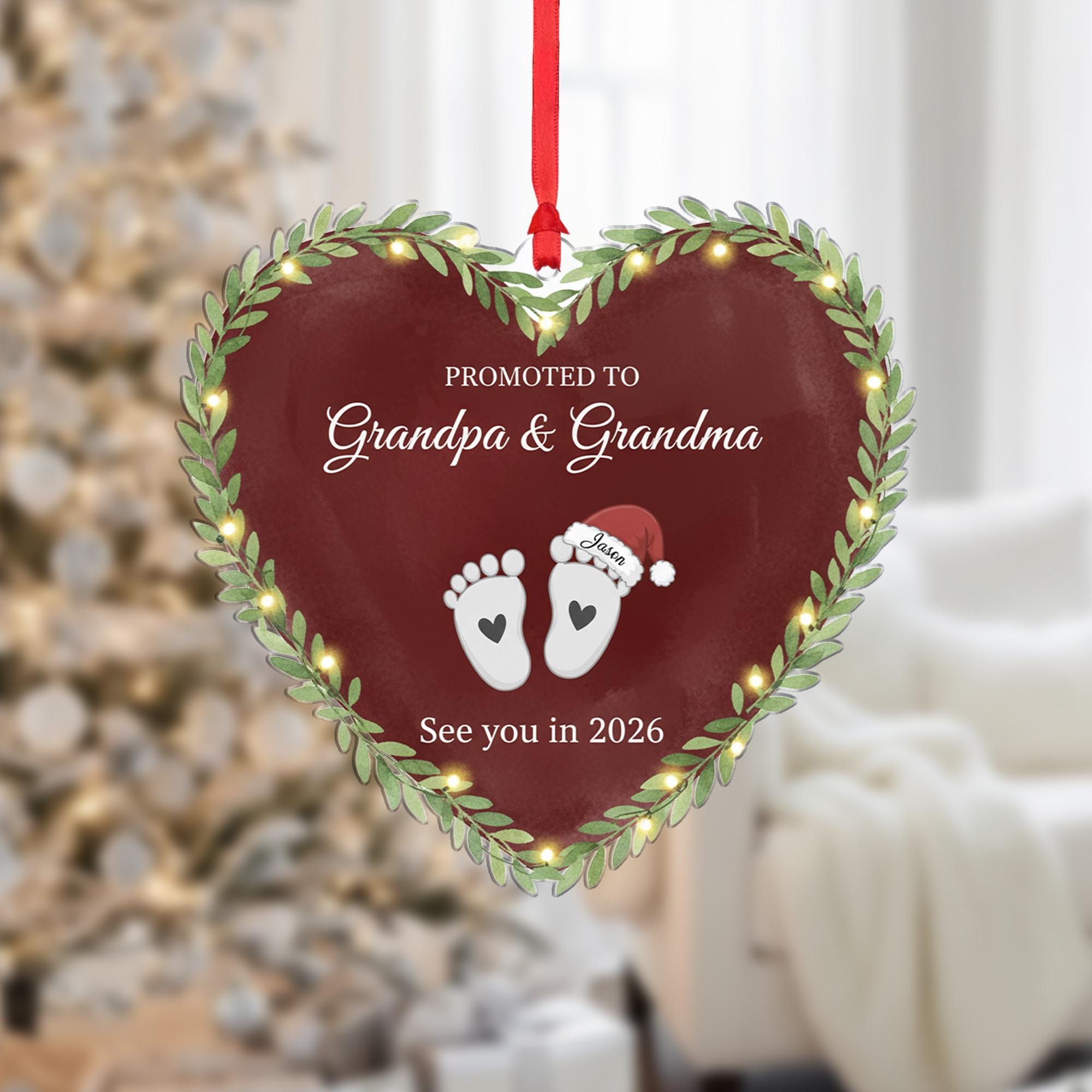 Heart-Shaped Acrylic Ornament: Grandparents Pregnancy Announcement, Baby Footprints, Custom Name & Year image 1