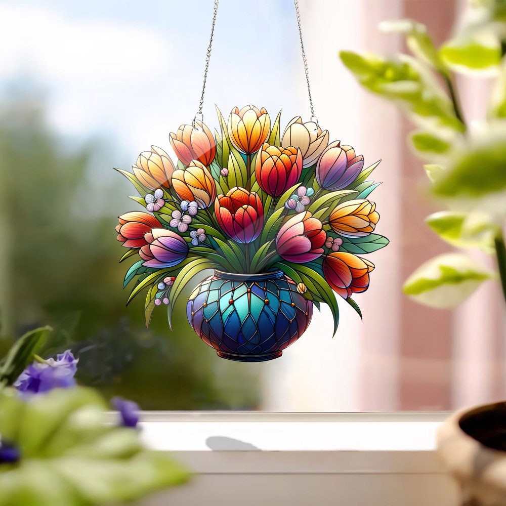 Tulip pot Acrylic Window Hanging, Wall Art, Indoor Decor, Bouquet Tulips, Flowers Pot, gift for mom, Faux Stained glass, Not suncatcher
