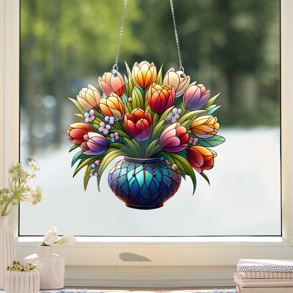 Tulip pot Acrylic Window Hanging, Wall Art, Indoor Decor, Bouquet Tulips, Flowers Pot, gift for mom, Faux Stained glass, Not suncatcher