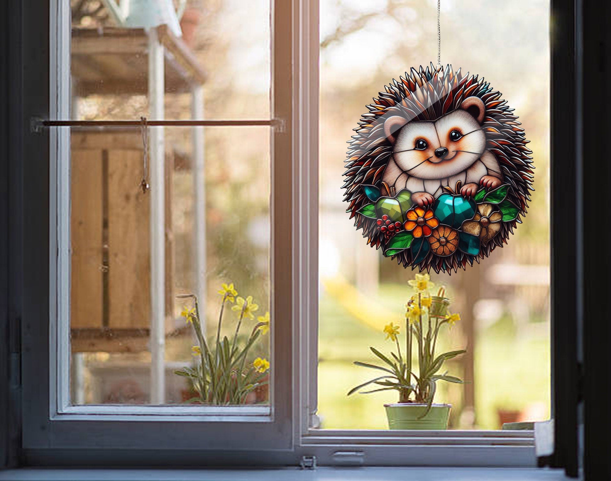 Hedgehog Faux Stained Glass, Hedgehog Acrylic Window Hangings, Stained Glass Inspired Art, Home Decor