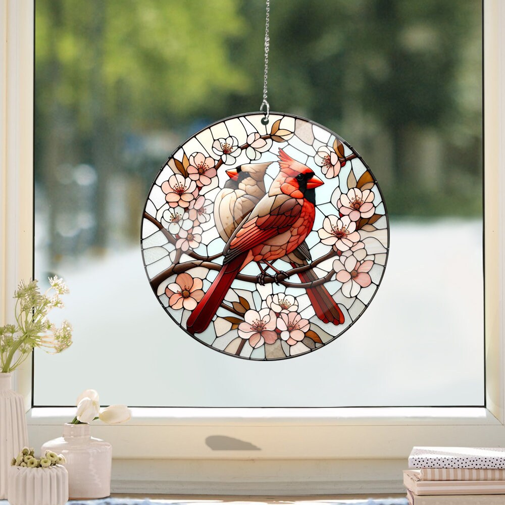 Cardinal Loverbirds FAUX Stained Glass, Wall Art, ACRYLIC Window Hanging, Indoor Decor, Cardinal lovers gift, bird lovers