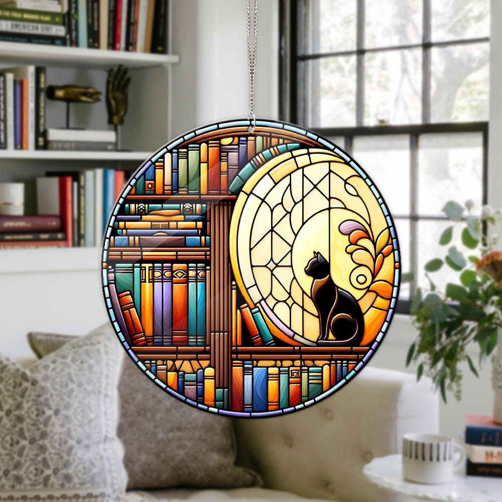 ACRYLIC Cat And Library Window hanging, Cat In The Library Gift, Cat LOver Gift, Cat Home Decor,Pet Gift, Bookish Gift, Library Gift