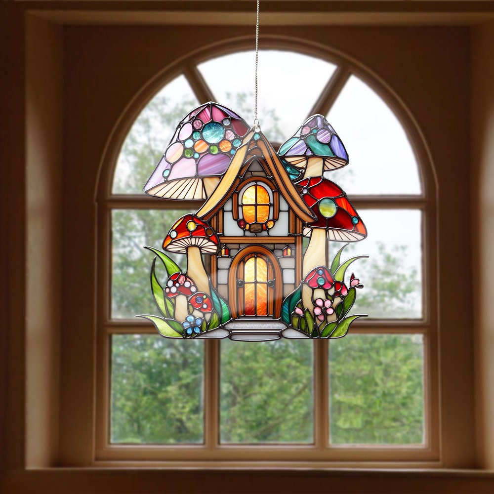 Mushroom House Faux Stained Glass, Stained Glass Inspired Art, Acrylic Nature Scenery Window Hanging, Home Decor