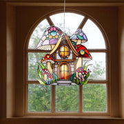 Mushroom House Faux Stained Glass, Stained Glass Inspired Art, Acrylic Nature Scenery Window Hanging, Home Decor