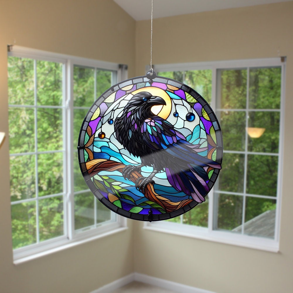Ravens Acrylic Window Hangings, Ravens Faux Stained Glass, Gothic Raven Window hanging, Home Decor, Gift For Her, Not suncatcher