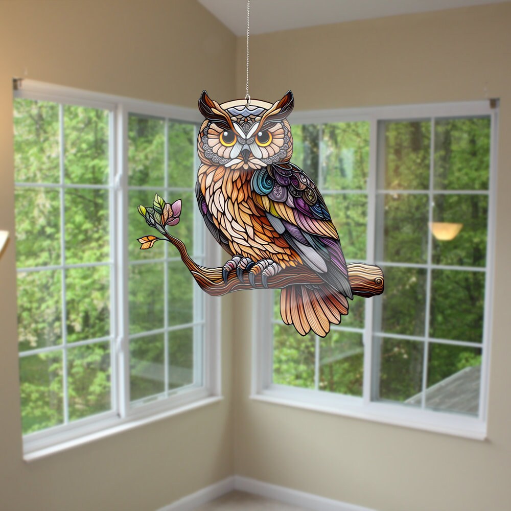 Owl ACRYLIC Window hanging, Owl Acrylic Window Hangings, Faux Stained Glass, Gift For Her, Home Decor, Owl lover, Not Suncatcher